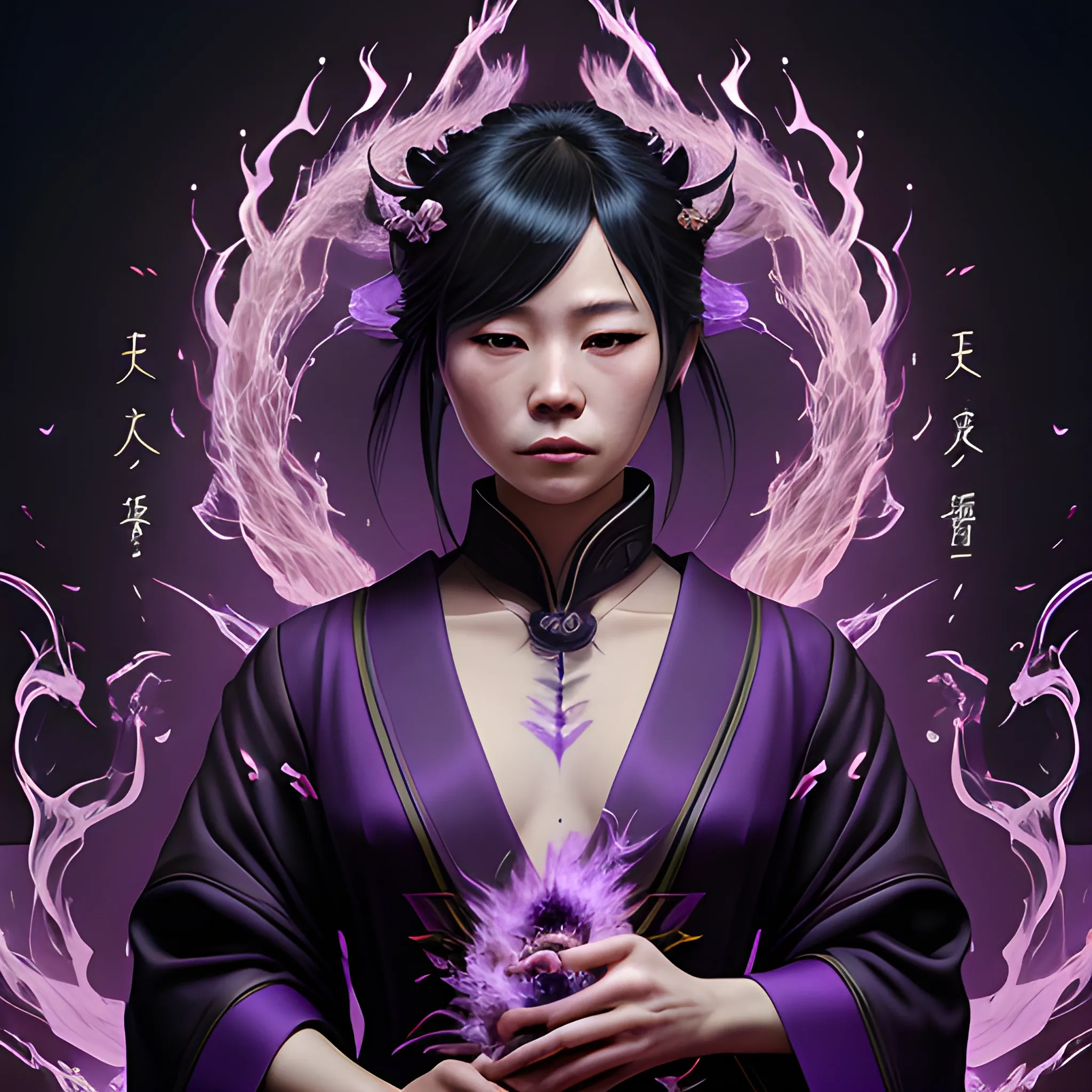 a fancy portrait of a Japanese woman covered in purple and black flames by Greg Rutkowski, Sung Choi, Mitchell Mohrhauser, Maciej Kuciara, Johnson Ting, Maxim Verehin, Peter Konig, final fantasy , mythical, 8k photorealistic, cinematic lighting, HD, high details, atmospheric,