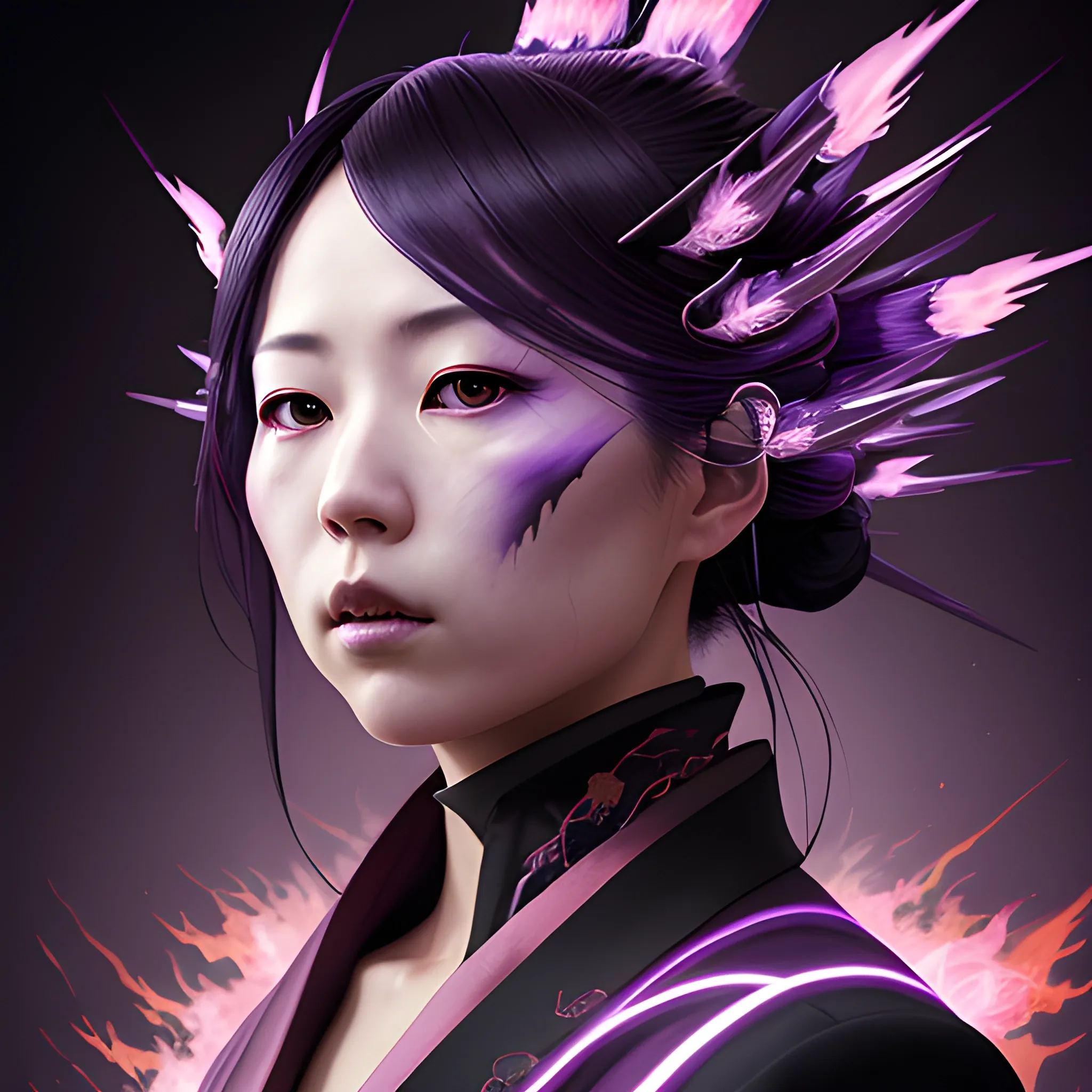 a fancy portrait of a Japanese woman covered in purple and black flames by Greg Rutkowski, Sung Choi, Mitchell Mohrhauser, Maciej Kuciara, Johnson Ting, Maxim Verehin, Peter Konig, final fantasy , mythical, 8k photorealistic, cinematic lighting, HD, high details, atmospheric,