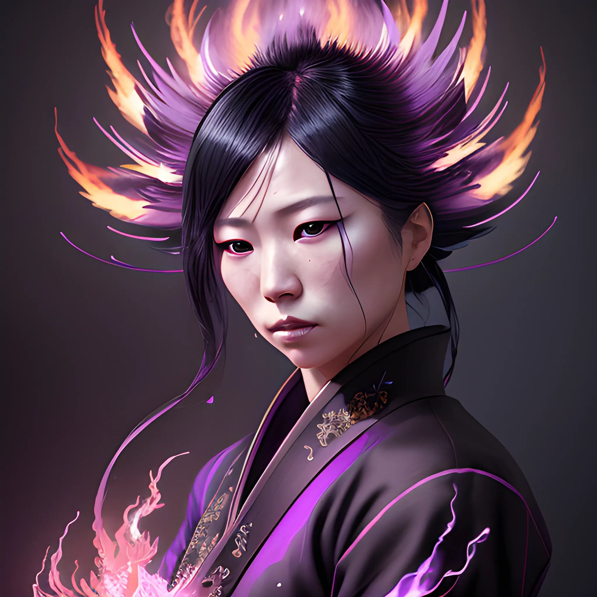 a fancy portrait of a Japanese woman covered in purple and black flames by Greg Rutkowski, Sung Choi, Mitchell Mohrhauser, Maciej Kuciara, Johnson Ting, Maxim Verehin, Peter Konig, final fantasy , mythical, 8k photorealistic, cinematic lighting, HD, high details, atmospheric,