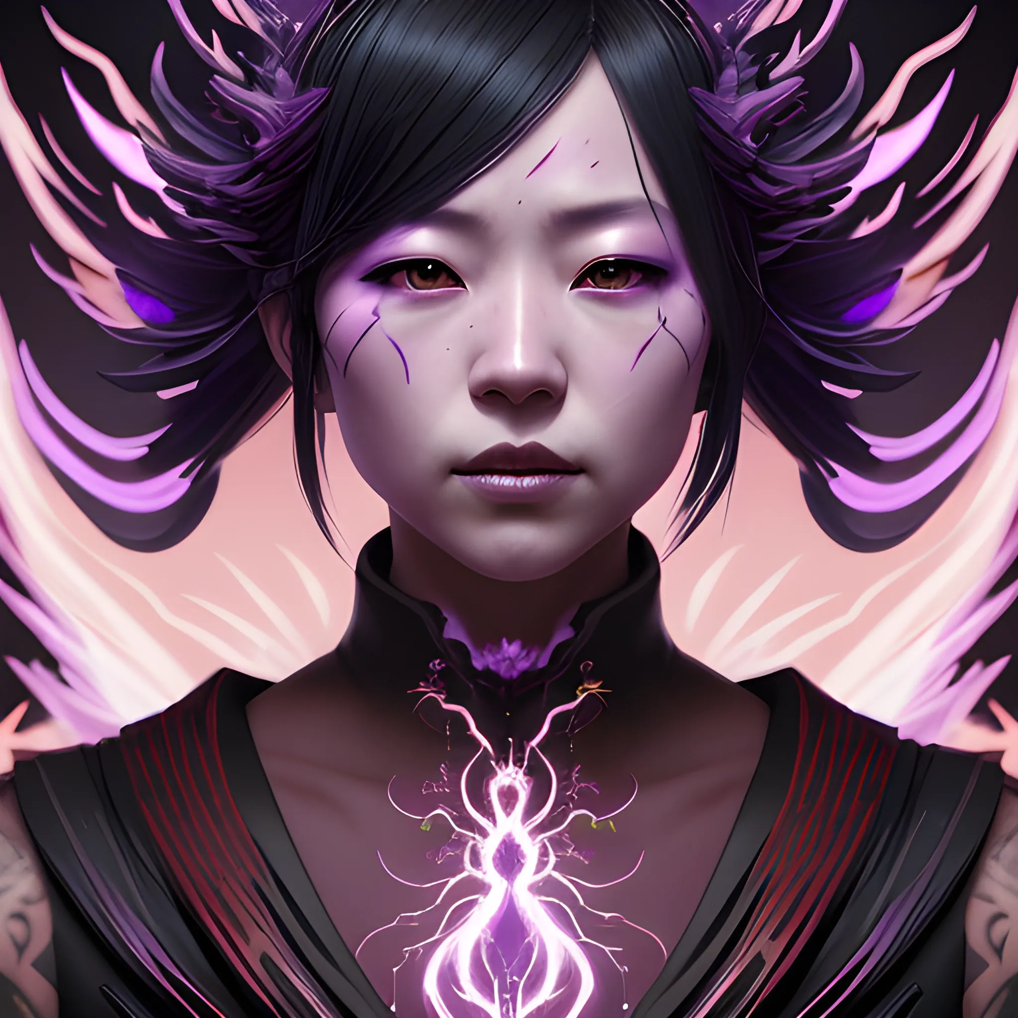 a fancy portrait of a Japanese woman covered in purple and black flames by Greg Rutkowski, Sung Choi, Mitchell Mohrhauser, Maciej Kuciara, Johnson Ting, Maxim Verehin, Peter Konig, final fantasy , mythical, 8k photorealistic, cinematic lighting, HD, high details, atmospheric,