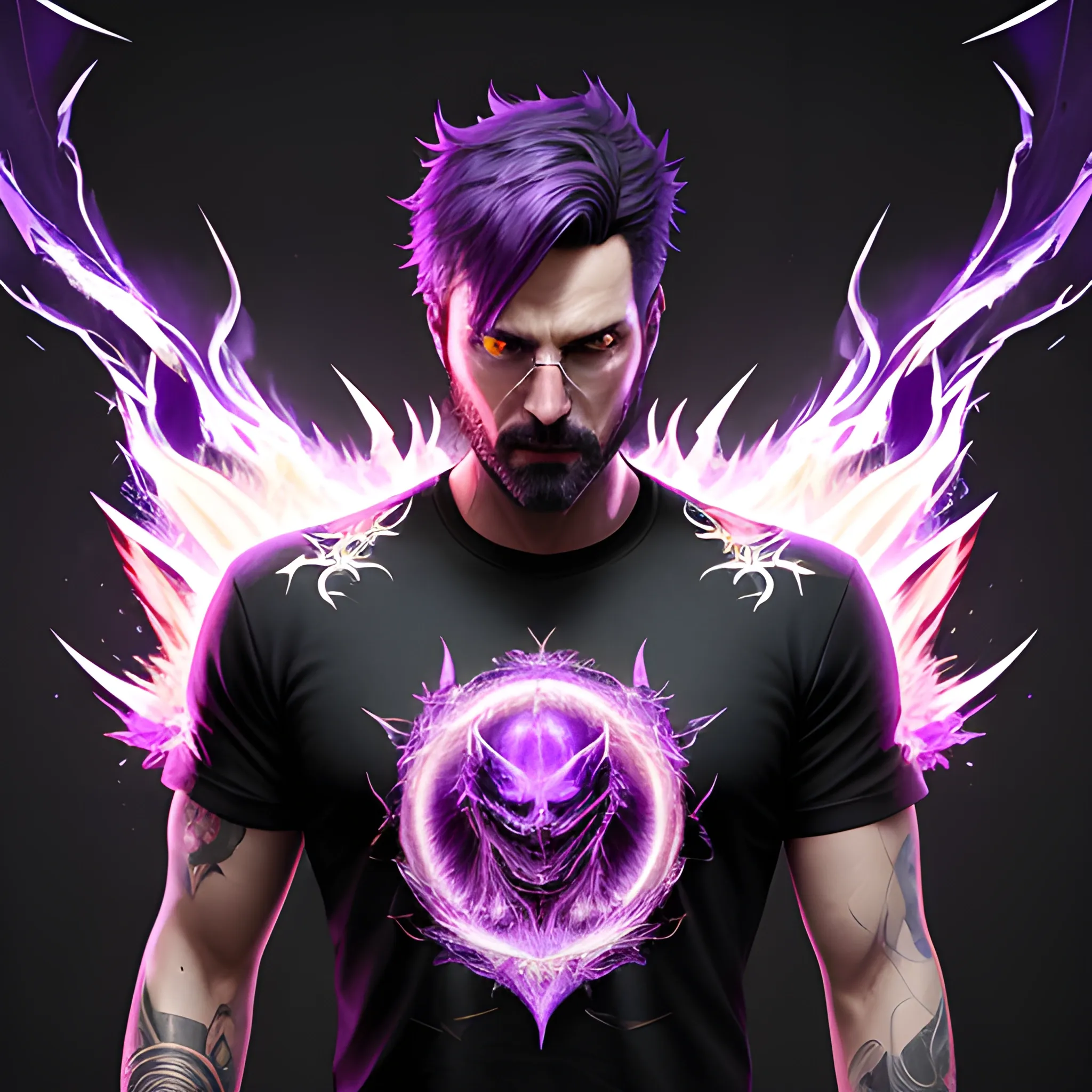 a fancy portrait of a young man in a game over t-shirt covered in purple and black flames by Greg Rutkowski, Sung Choi, Mitchell Mohrhauser, Maciej Kuciara, Johnson Ting, Maxim Verehin, Peter Konig, final fantasy , mythical, 8k photorealistic, cinematic lighting, HD, high details, atmospheric,