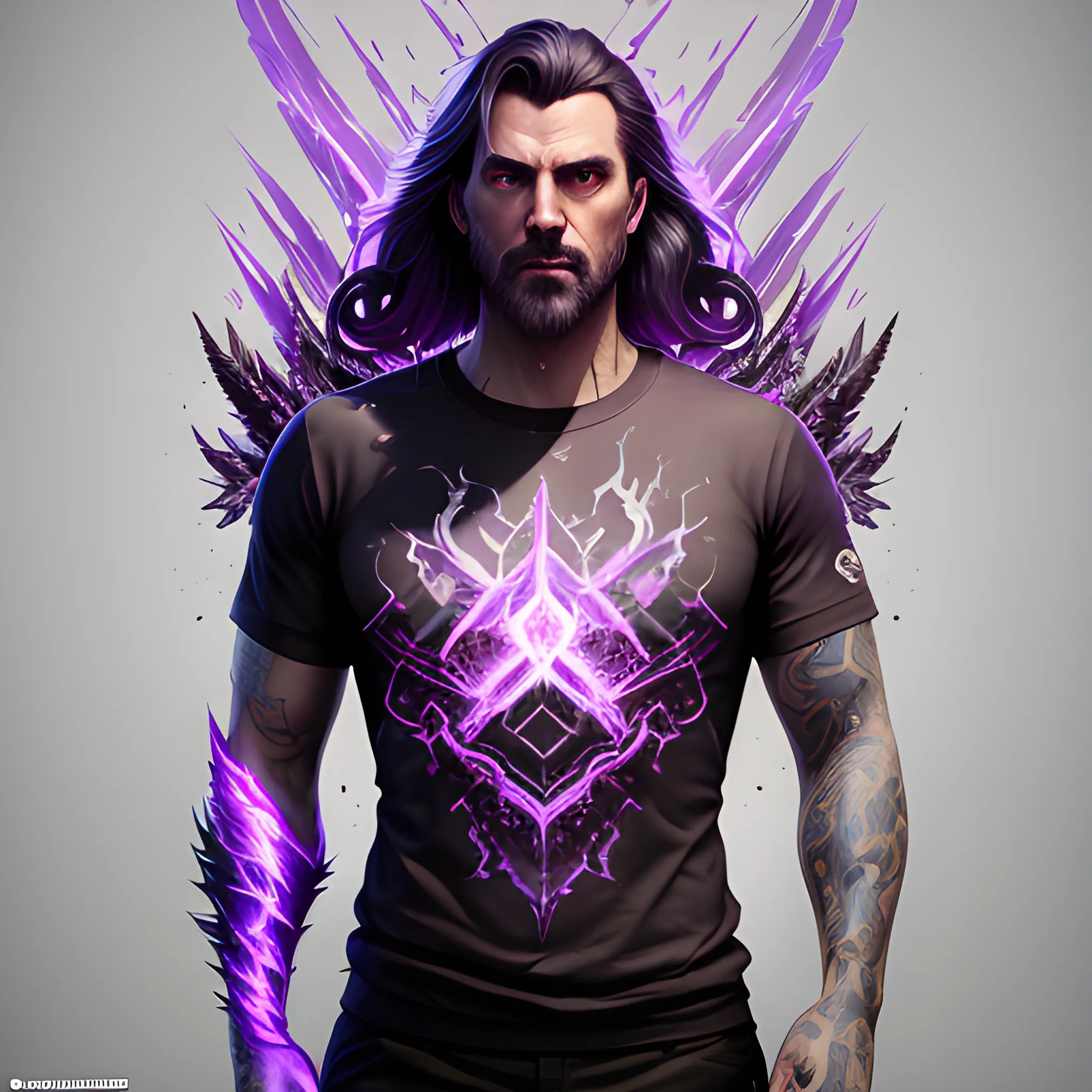 a fancy portrait of a young man in a game over t-shirt covered in purple and black flames by Greg Rutkowski, Sung Choi, Mitchell Mohrhauser, Maciej Kuciara, Johnson Ting, Maxim Verehin, Peter Konig, final fantasy , mythical, 8k photorealistic, cinematic lighting, HD, high details, atmospheric,