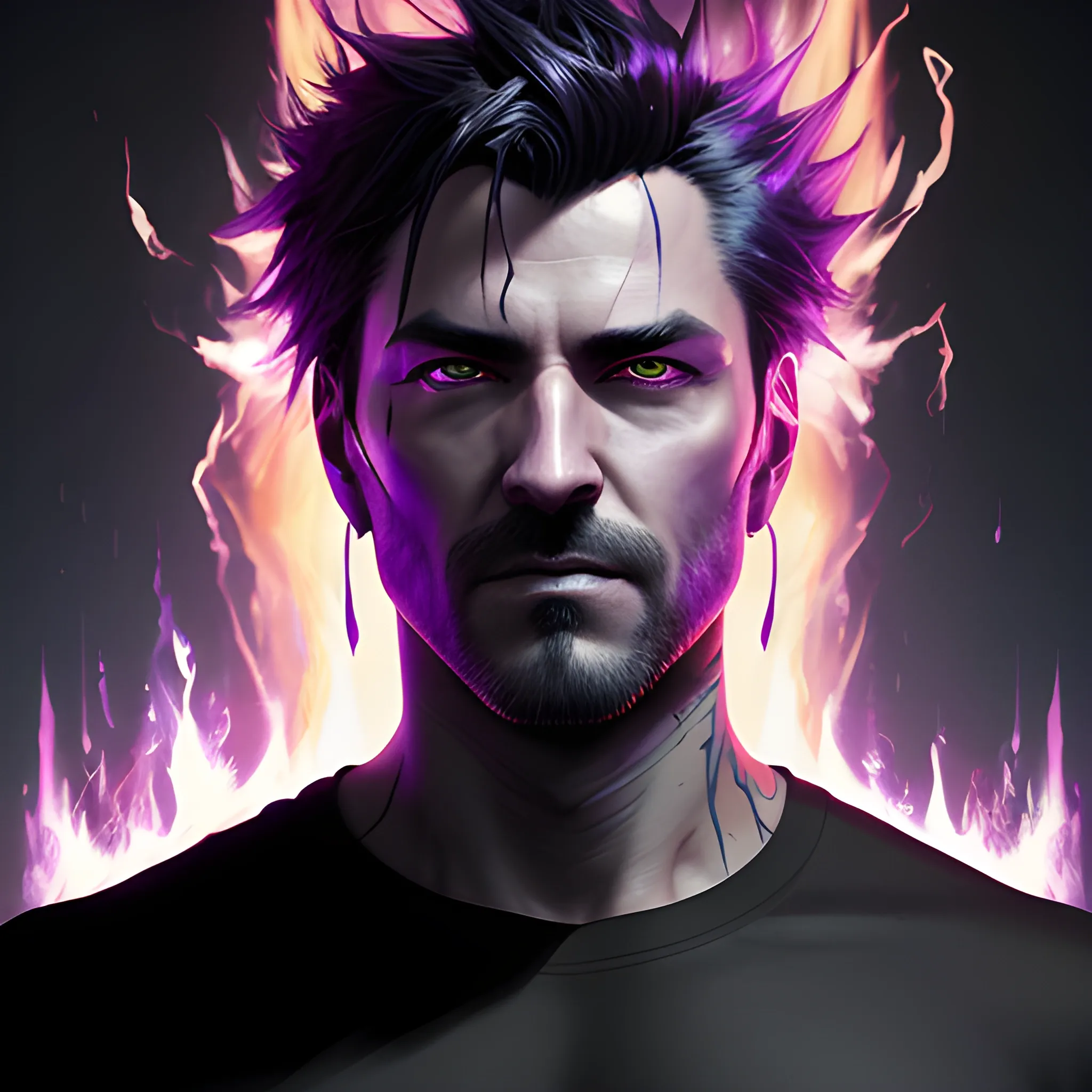 a fancy portrait of a young man in a black t-shirt covered in purple and black flames by Greg Rutkowski, Sung Choi, Mitchell Mohrhauser, Maciej Kuciara, Johnson Ting, Maxim Verehin, Peter Konig, final fantasy , mythical, 8k photorealistic, cinematic lighting, HD, high details, atmospheric,