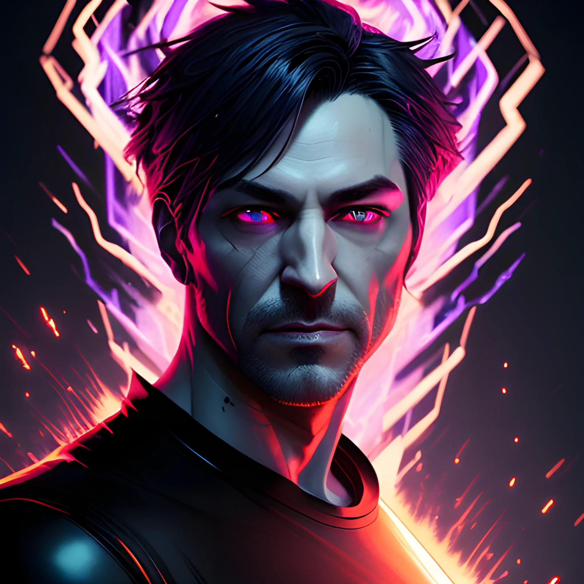 a fancy portrait of a young man in a black t-shirt covered in purple and black flames by Greg Rutkowski, Sung Choi, Mitchell Mohrhauser, Maciej Kuciara, Johnson Ting, Maxim Verehin, Peter Konig, final fantasy , mythical, 8k photorealistic, cinematic lighting, HD, high details, atmospheric,