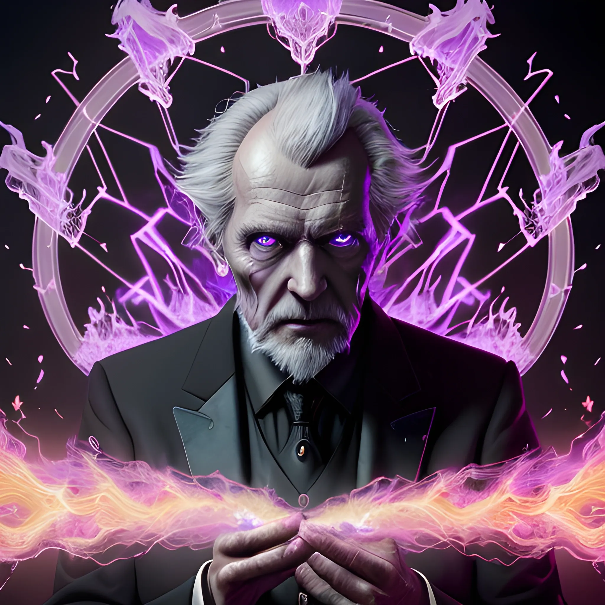 a fancy portrait of a old man in a black suit covered in purple and black flames by Greg Rutkowski, Sung Choi, Mitchell Mohrhauser, Maciej Kuciara, Johnson Ting, Maxim Verehin, Peter Konig, final fantasy , mythical, 8k photorealistic, cinematic lighting, HD, high details, atmospheric,