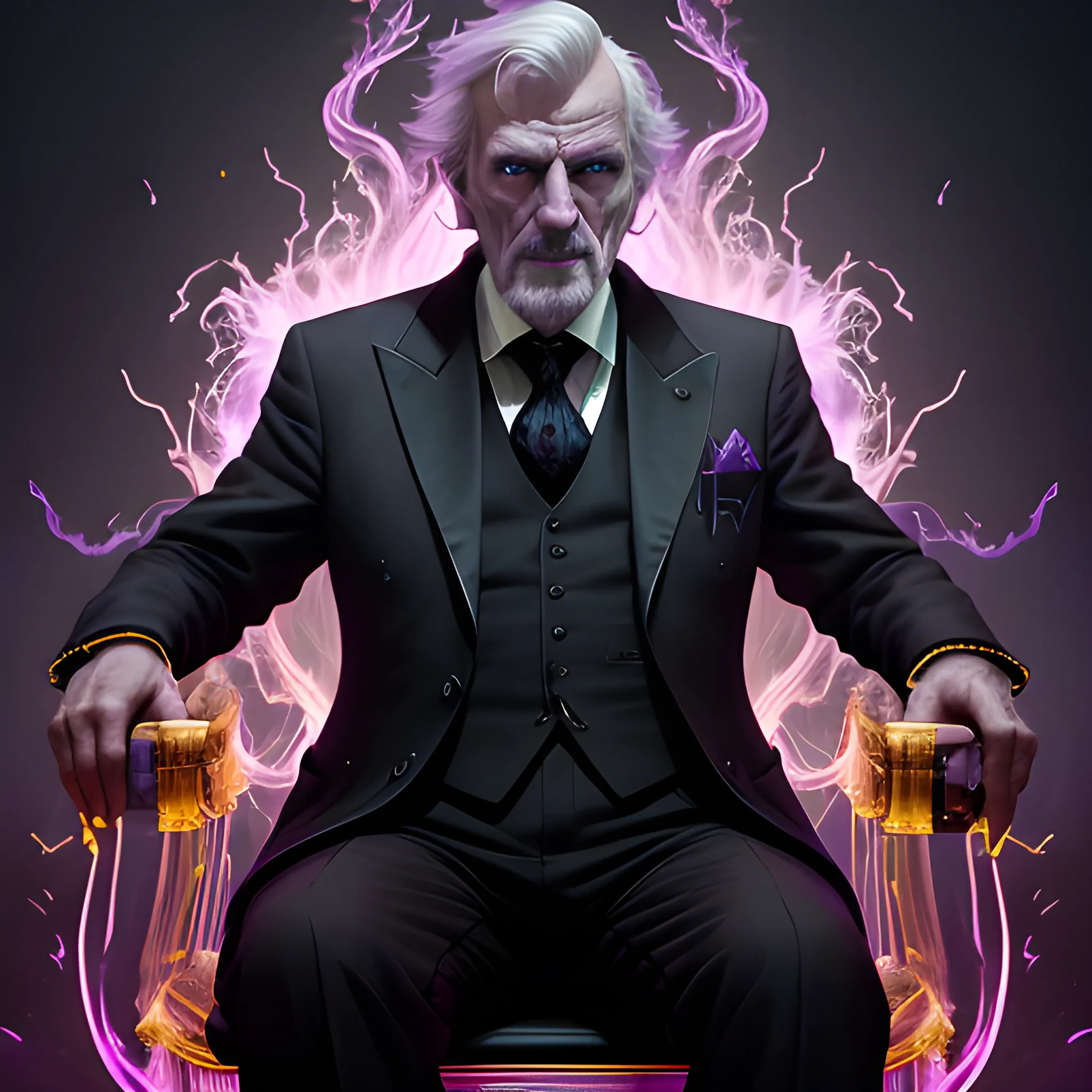 a fancy portrait of a old man in a black suit covered in purple and black flames by Greg Rutkowski, Sung Choi, Mitchell Mohrhauser, Maciej Kuciara, Johnson Ting, Maxim Verehin, Peter Konig, final fantasy , mythical, 8k photorealistic, cinematic lighting, HD, high details, atmospheric,