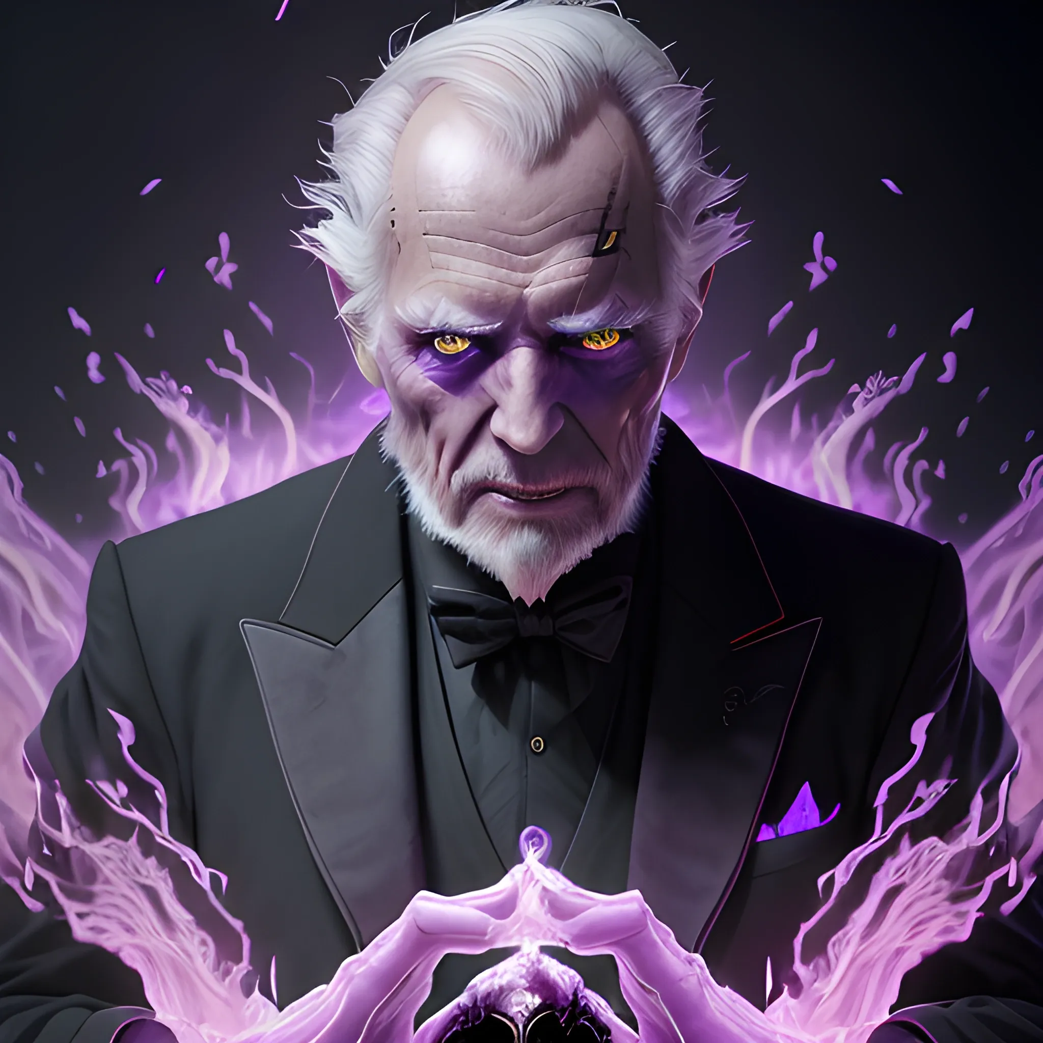 a fancy portrait of a old man in a black suit covered in purple and black flames by Greg Rutkowski, Sung Choi, Mitchell Mohrhauser, Maciej Kuciara, Johnson Ting, Maxim Verehin, Peter Konig, final fantasy , mythical, 8k photorealistic, cinematic lighting, HD, high details, atmospheric,