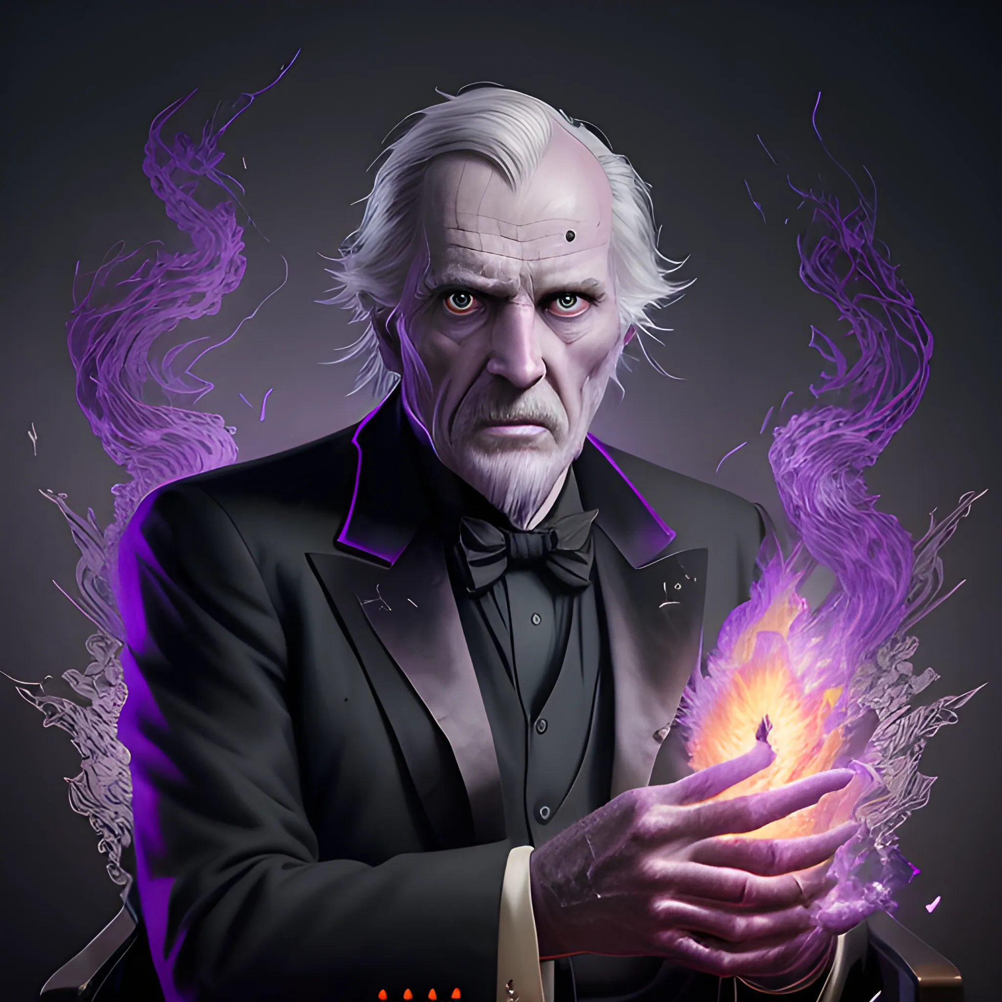 a fancy portrait of a old man in a black suit covered in purple and black flames by Greg Rutkowski, Sung Choi, Mitchell Mohrhauser, Maciej Kuciara, Johnson Ting, Maxim Verehin, Peter Konig, final fantasy , mythical, 8k photorealistic, cinematic lighting, HD, high details, atmospheric,