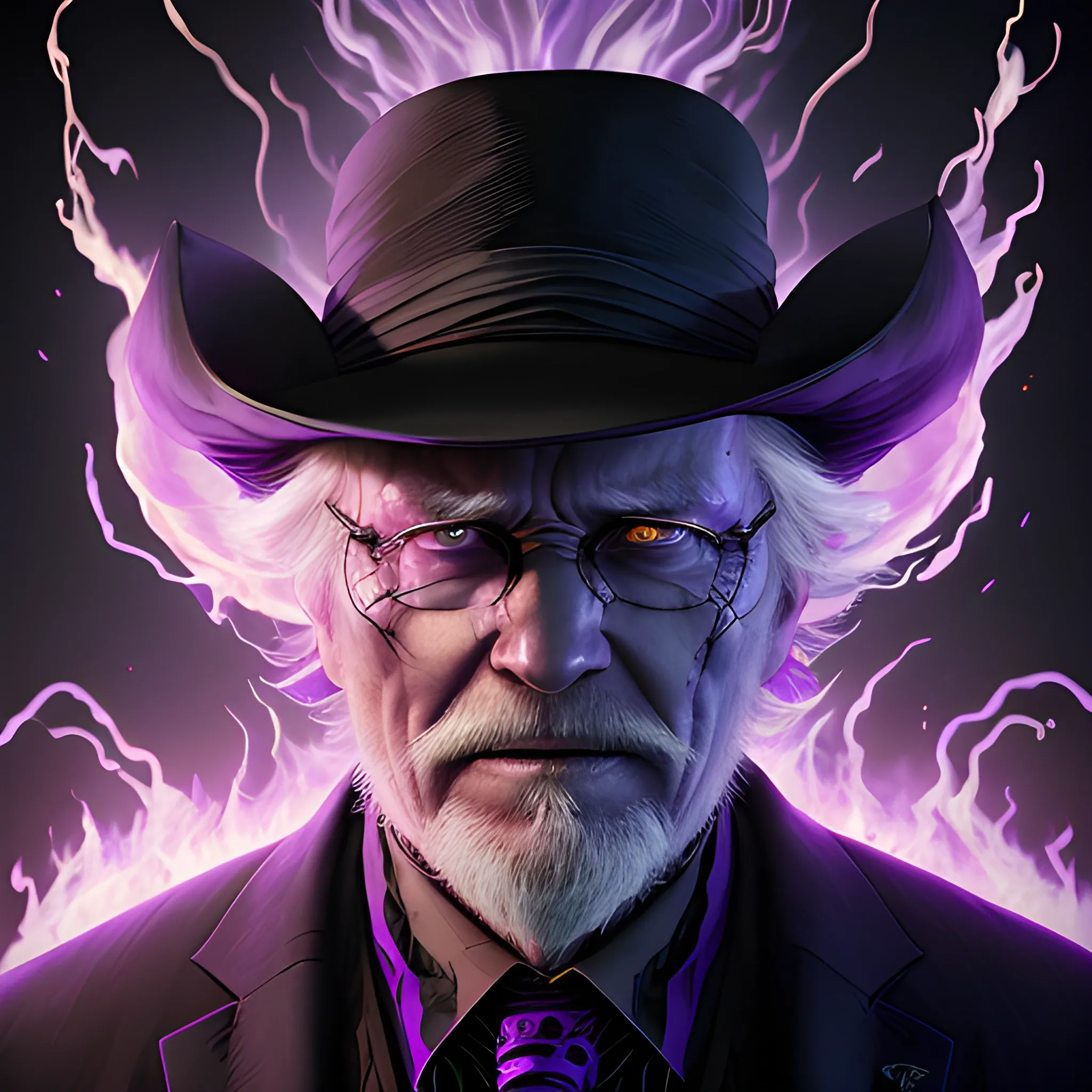 a fancy portrait of a old man in a black suit covered in purple and black flames by Greg Rutkowski, Sung Choi, Mitchell Mohrhauser, Maciej Kuciara, Johnson Ting, Maxim Verehin, Peter Konig, final fantasy , mythical, 8k photorealistic, cinematic lighting, HD, high details, atmospheric,