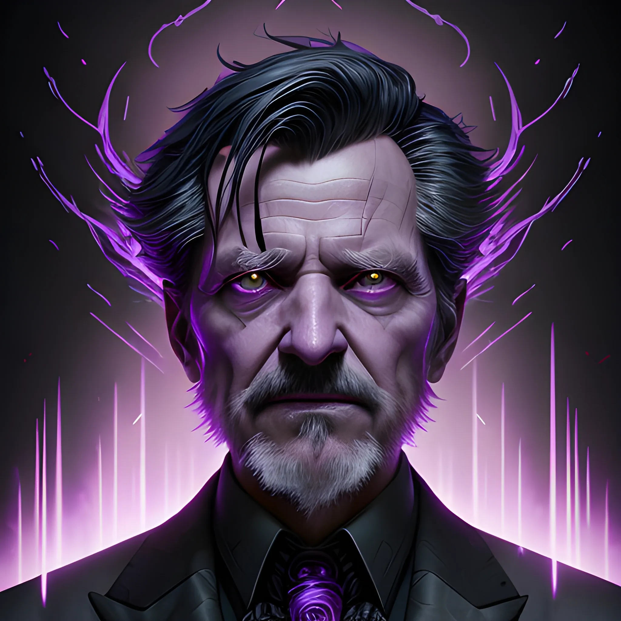 a fancy portrait of a old man in a black suit covered in purple and black flames by Greg Rutkowski, Sung Choi, Mitchell Mohrhauser, Maciej Kuciara, Johnson Ting, Maxim Verehin, Peter Konig, final fantasy , mythical, 8k photorealistic, cinematic lighting, HD, high details, atmospheric,