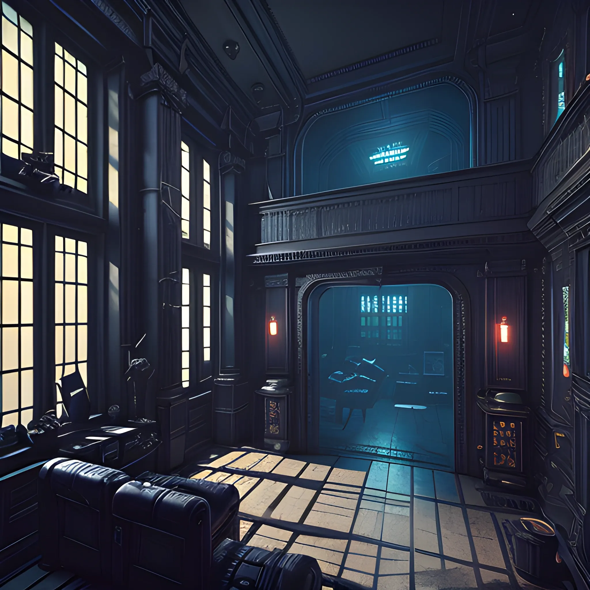 Interior of a Cyberpunk mansion, dark and moody, 3D