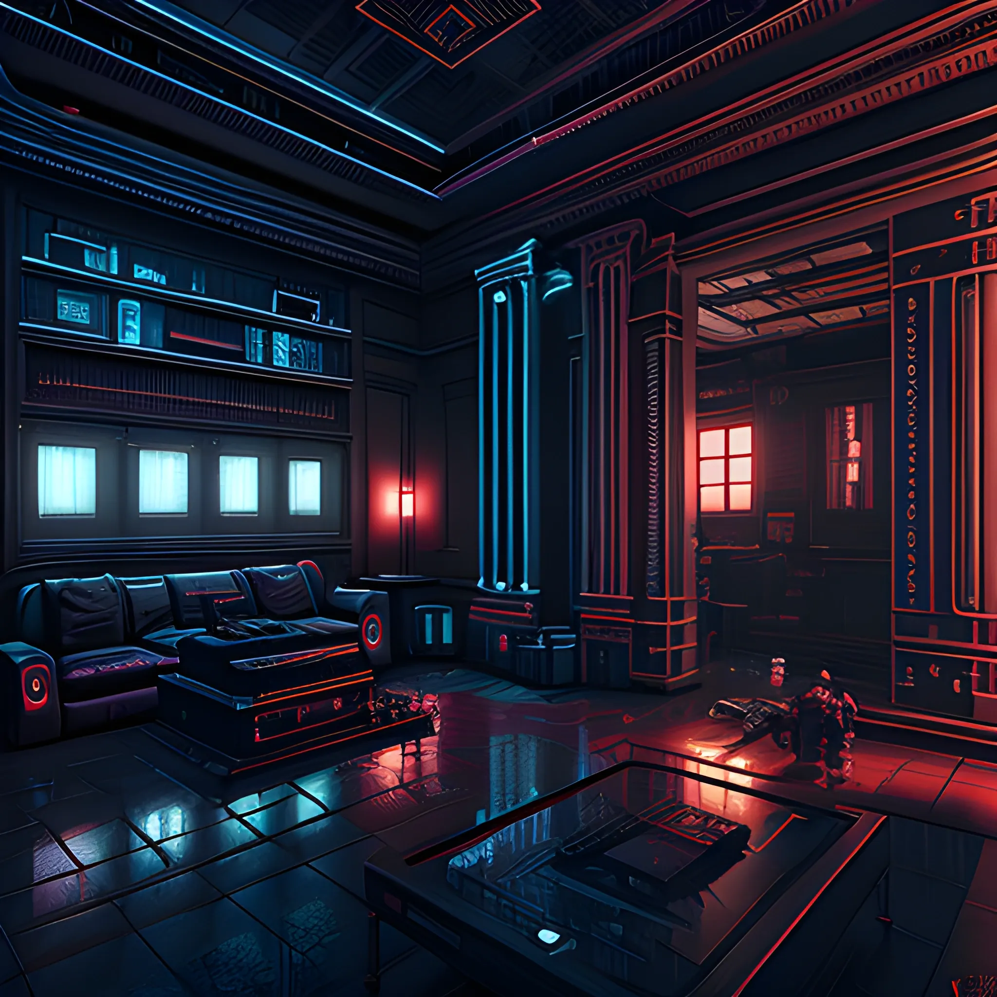 Interior of a Cyberpunk mansion, dark and moody, 3D