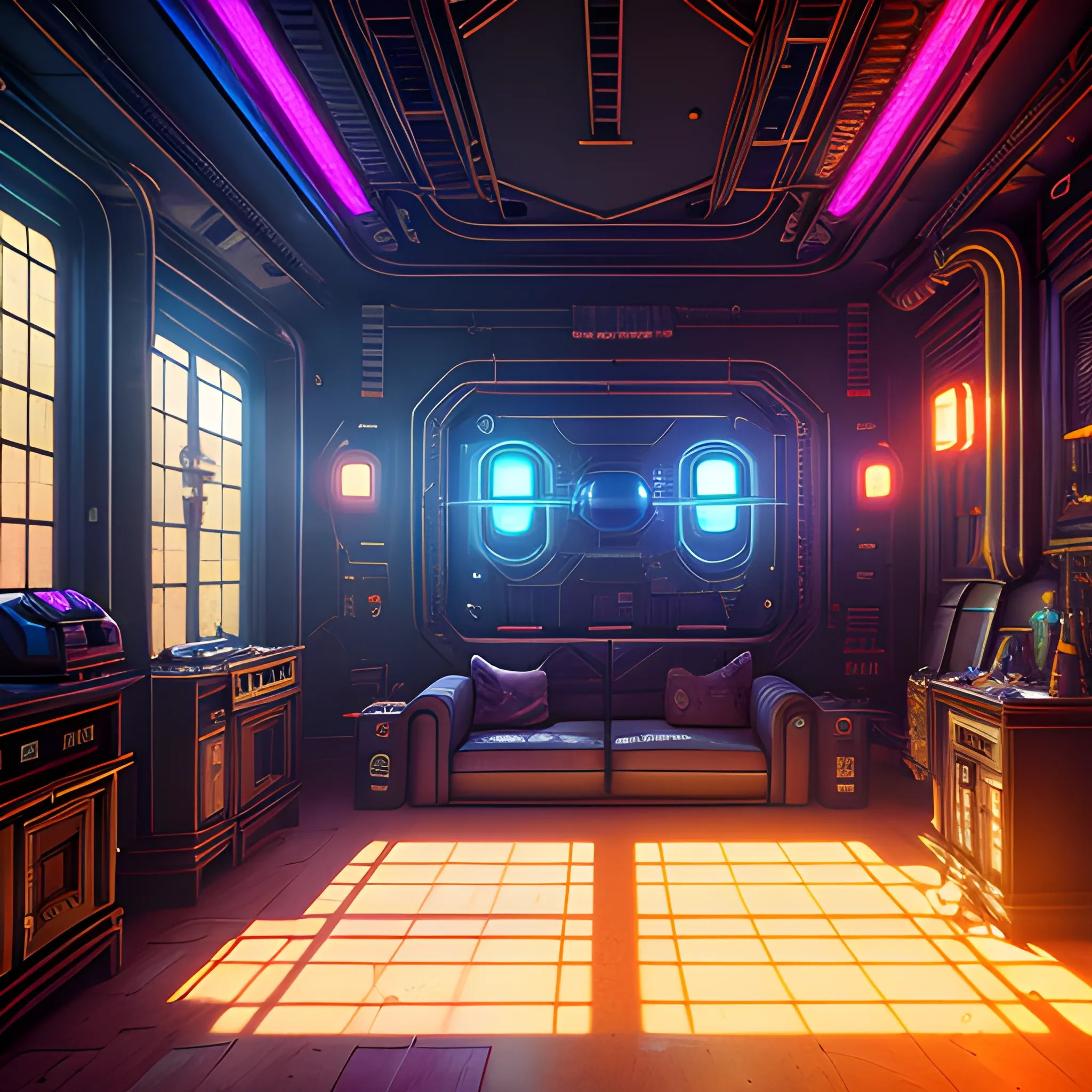  interior of cyberpunk mansion set in a cyberpunk utopia. Highly detailed, 8k wallpaper, HDR, concept art, unreal engine 5, 4k, 8k, ray tracing, bloom, lens flare