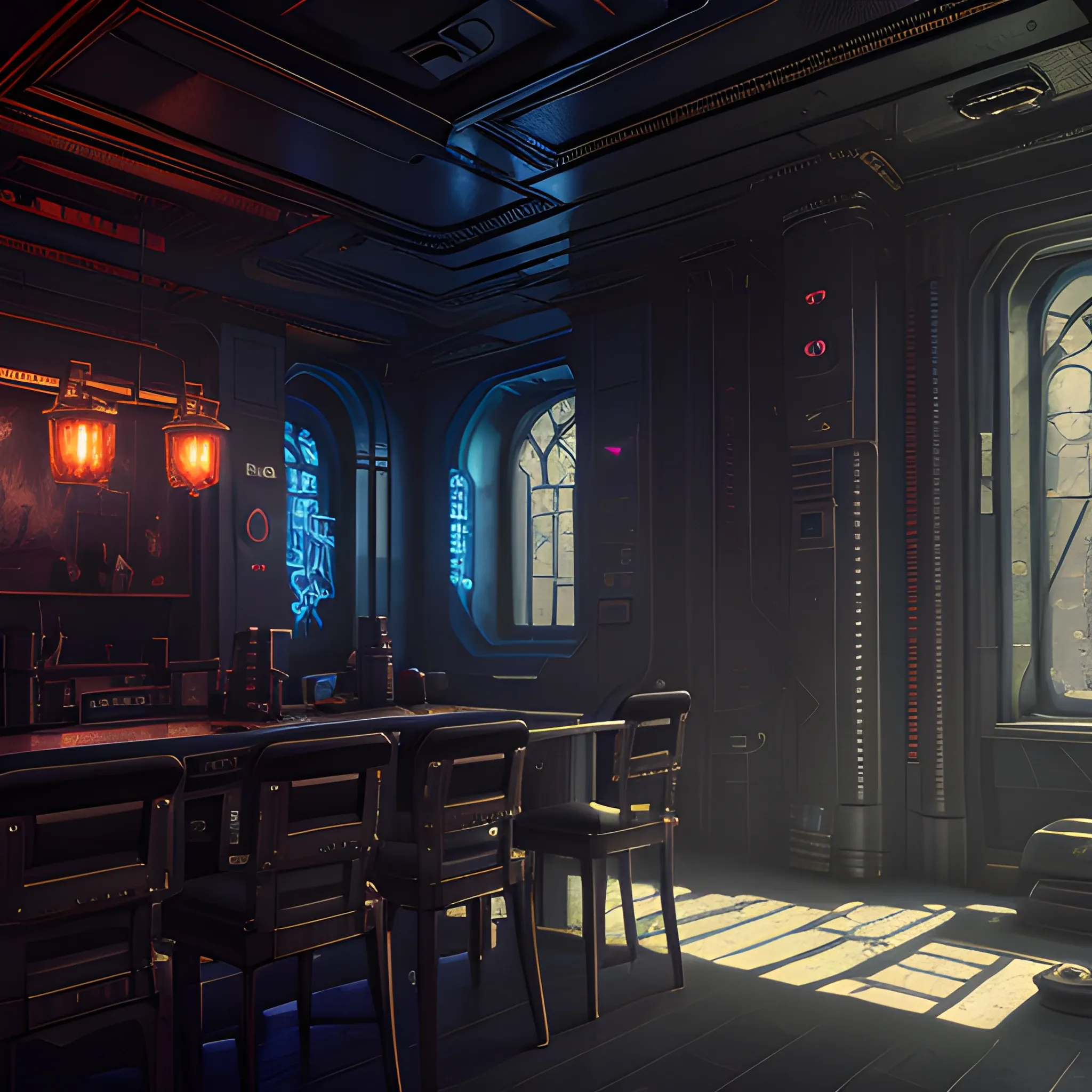  interior of cyberpunk mansion set in a dark and moody cyberpunk utopia. Highly detailed, 8k wallpaper, HDR, concept art, unreal engine 5, 4k, 8k, ray tracing, bloom, lens flare