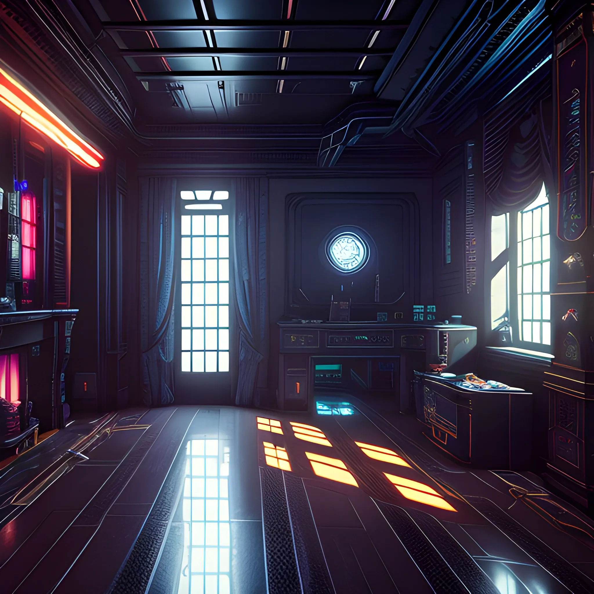  interior of cyberpunk mansion set in a dark and moody cyberpunk utopia. Highly detailed, 8k wallpaper, HDR,  unreal engine 5, 4k, 8k, ray tracing, bloom, lens flare