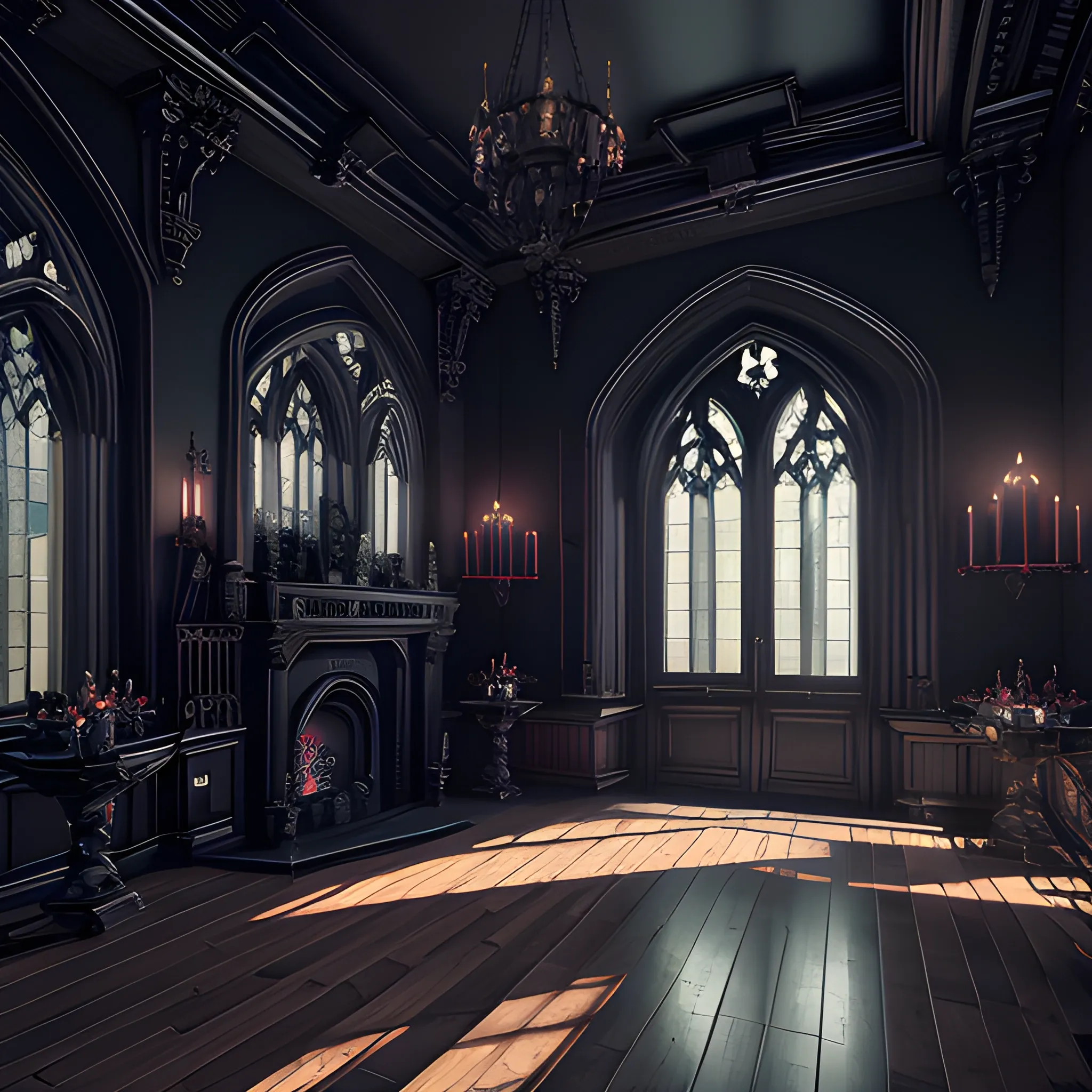 interior of gothic mansion set in a dark and moody gothic utopia. Highly detailed, 8k wallpaper, HDR, unreal engine 5, 4k, 8k, ray tracing, bloom, lens flare