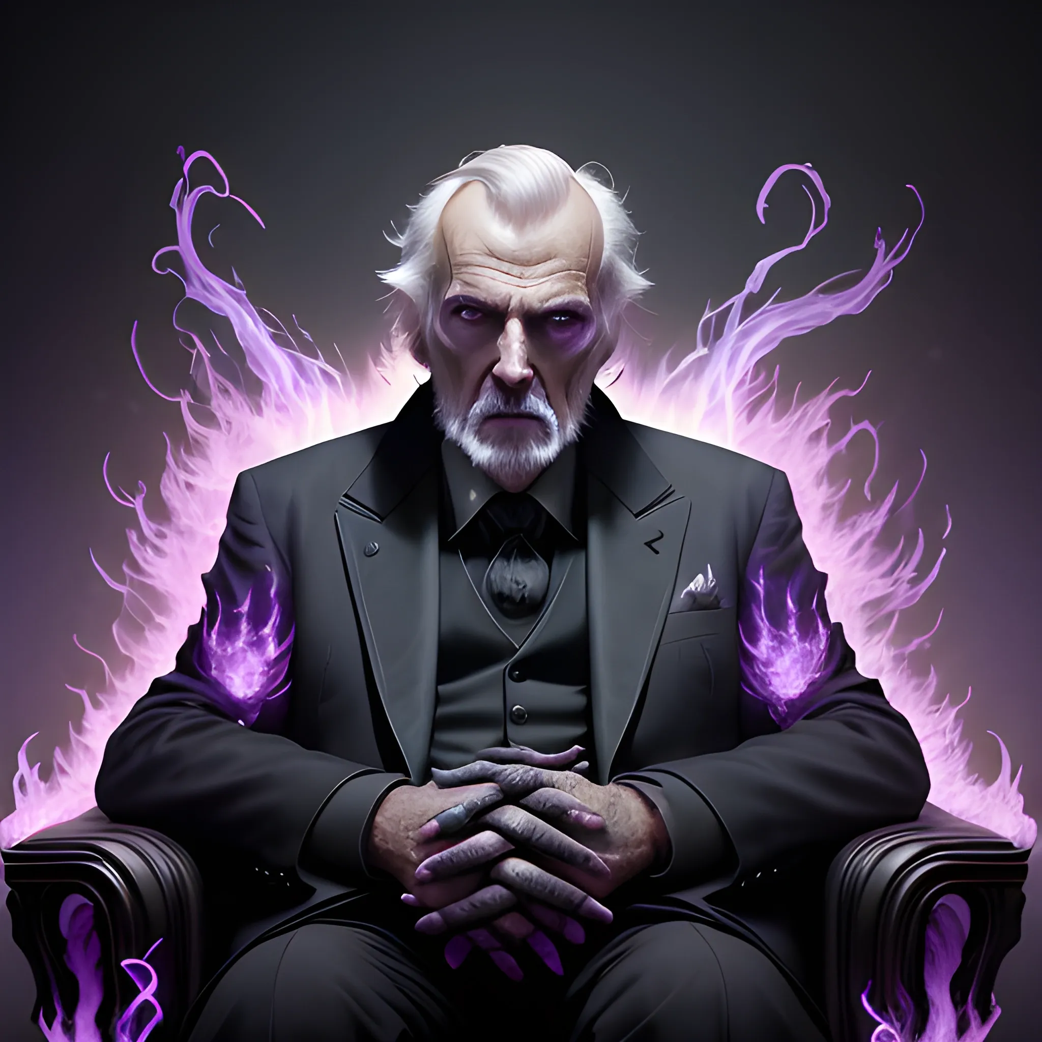 a fancy portrait of a old man in a black suit covered in purple and black flames by Greg Rutkowski, Sung Choi, Mitchell Mohrhauser, Maciej Kuciara, Johnson Ting, Maxim Verehin, Peter Konig, final fantasy , mythical, 8k photorealistic, cinematic lighting, HD, high details, atmospheric,