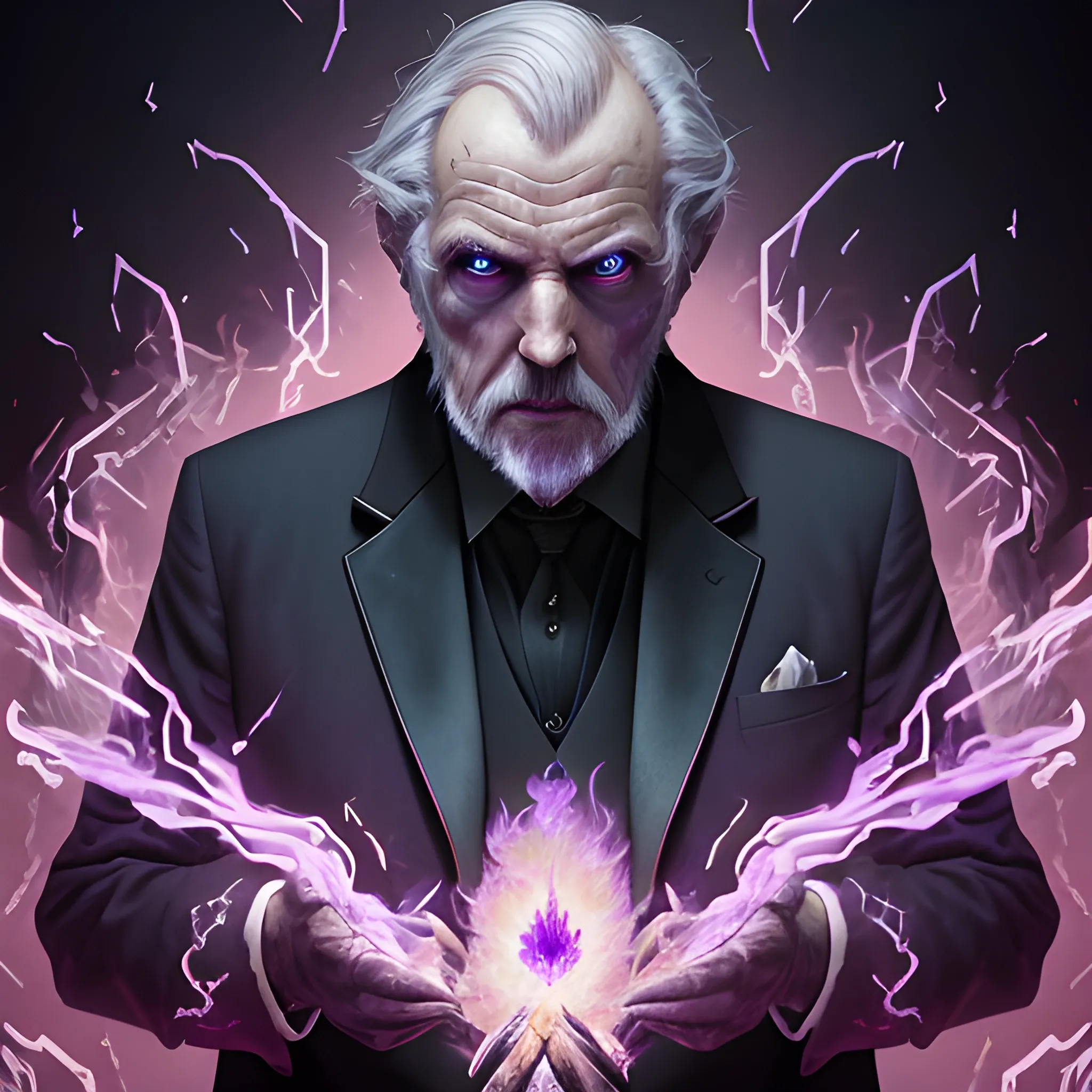 a fancy portrait of a old man in a black suit covered in purple and black flames by Greg Rutkowski, Sung Choi, Mitchell Mohrhauser, Maciej Kuciara, Johnson Ting, Maxim Verehin, Peter Konig, final fantasy , mythical, 8k photorealistic, cinematic lighting, HD, high details, atmospheric,