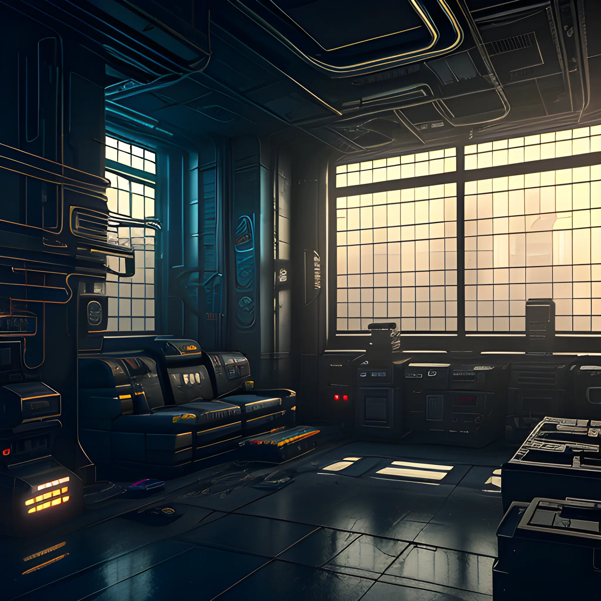  interior of cyberpunk building set in a dark and moody cyberpunk utopia. Highly detailed, 8k wallpaper, HDR, unreal engine 5, 4k, 8k, ray tracing, bloom, lens flare