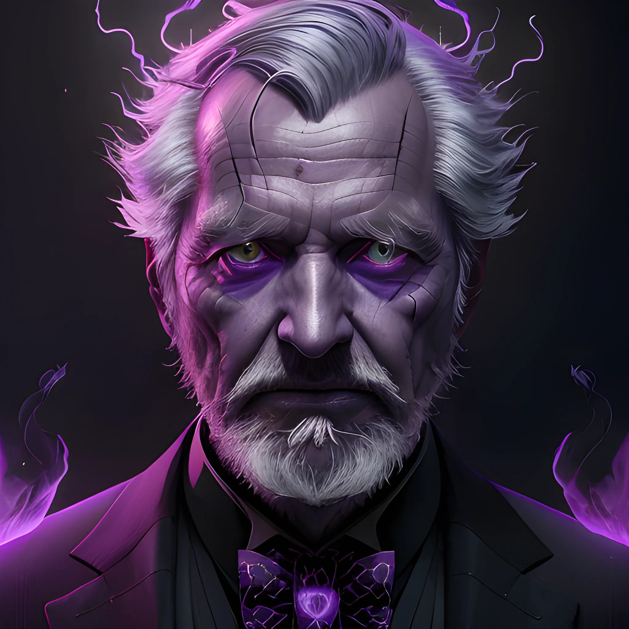 a fancy portrait of a old man in a black suit covered in purple and black flames by Greg Rutkowski, Sung Choi, Mitchell Mohrhauser, Maciej Kuciara, Johnson Ting, Maxim Verehin, Peter Konig, final fantasy , mythical, 8k photorealistic, cinematic lighting, HD, high details, atmospheric,