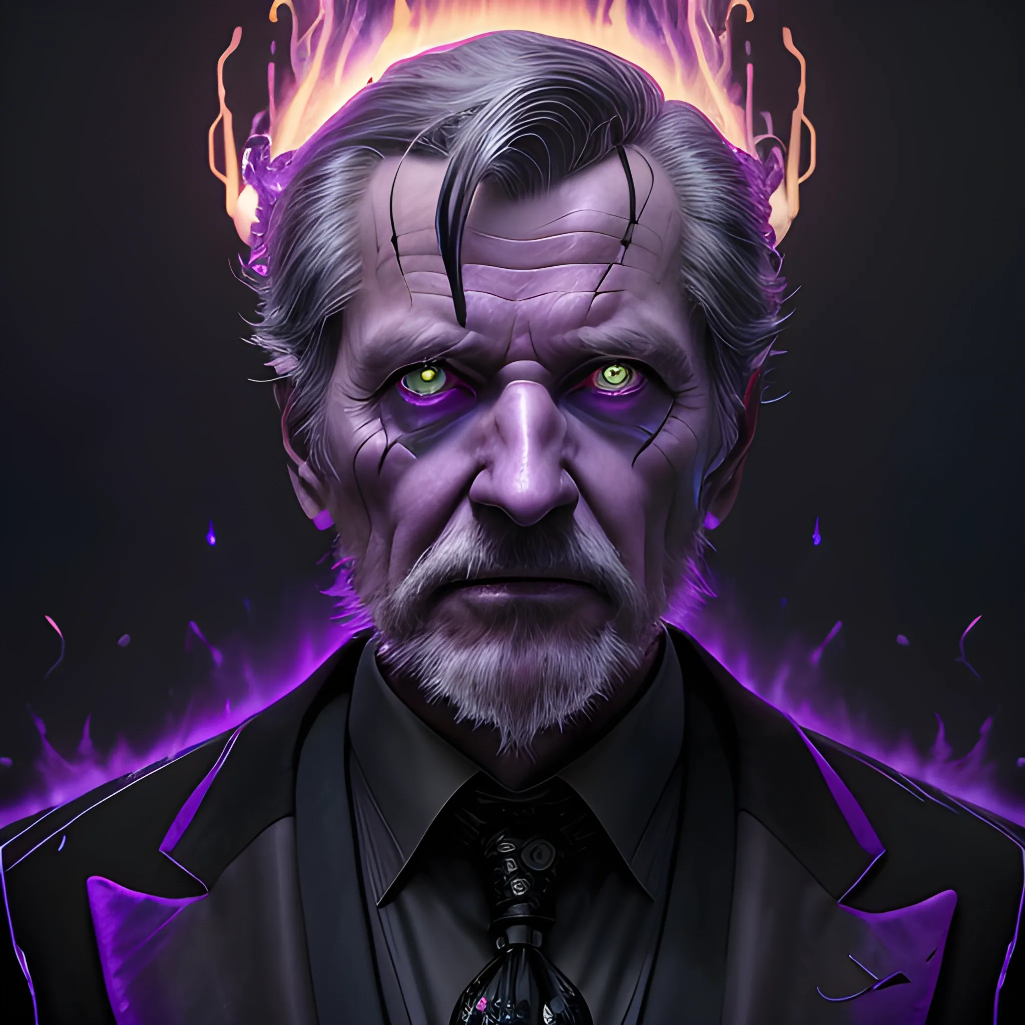 a fancy portrait of a old man in a black suit covered in purple and black flames by Greg Rutkowski, Sung Choi, Mitchell Mohrhauser, Maciej Kuciara, Johnson Ting, Maxim Verehin, Peter Konig, final fantasy , mythical, 8k photorealistic, cinematic lighting, HD, high details, atmospheric,