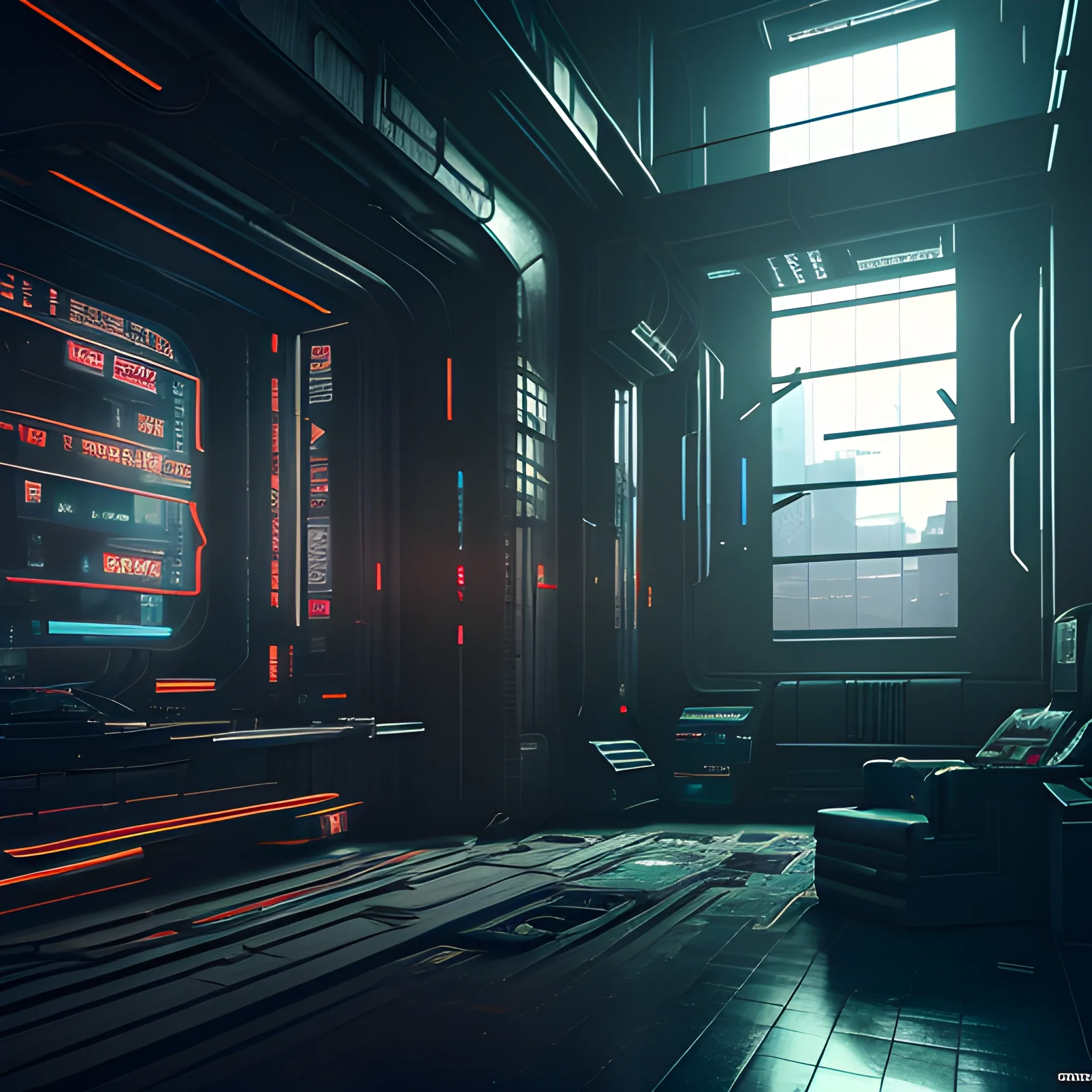  interior of cyberpunk building set in a dark and moody cyberpunk utopia. Highly detailed, 8k wallpaper, HDR, unreal engine 5, 4k, 8k, ray tracing, bloom, lens flare
