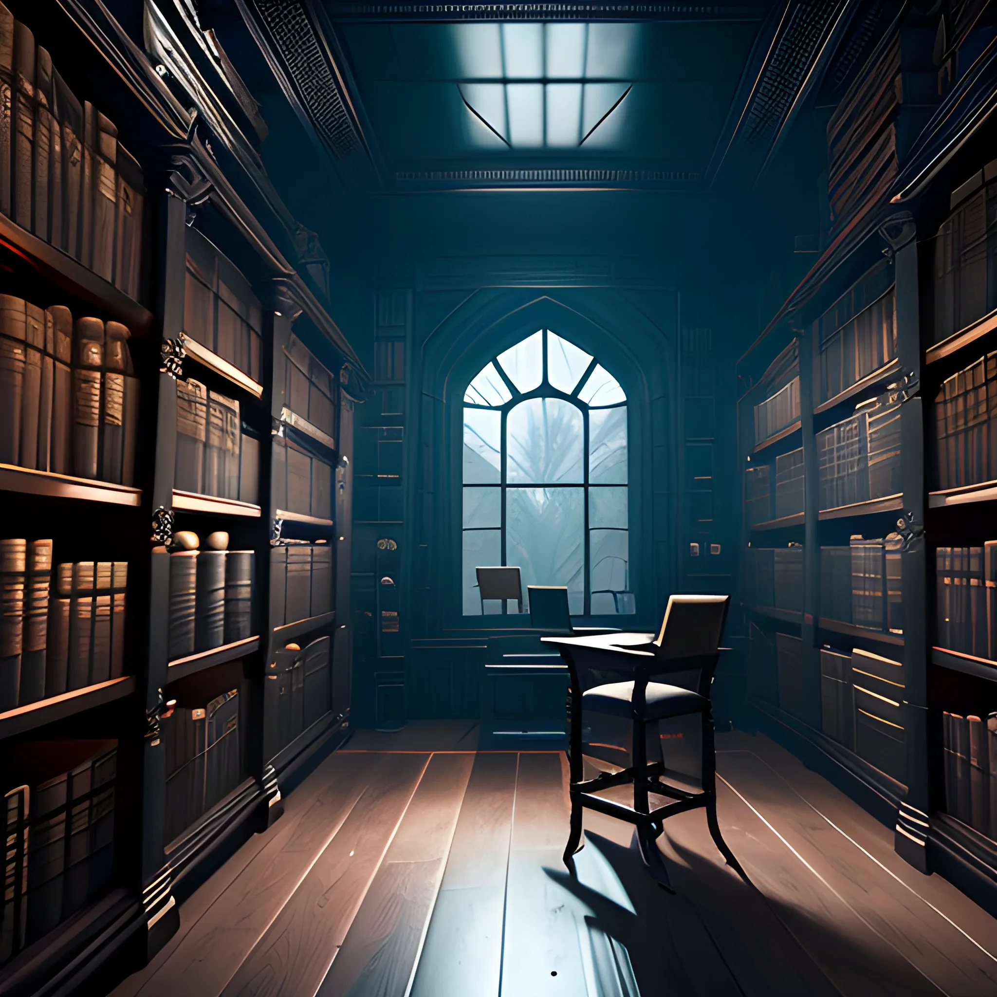  interior of a fantasy library set in a dark and moody cyber. Highly detailed, 8k wallpaper, HDR, unreal engine 5, 4k, 8k, ray tracing, bloom, lens flare
