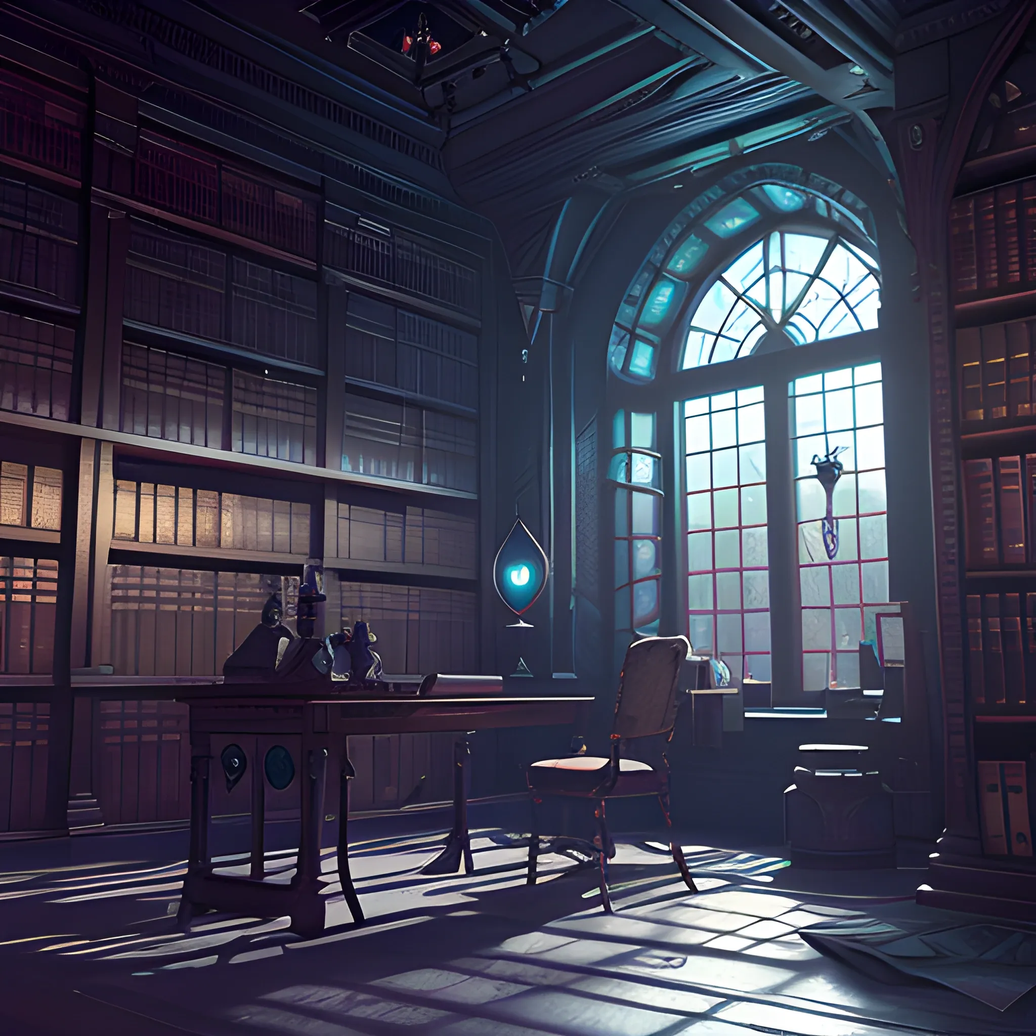  interior of a fantasy library set in a dark and moody cyber. Highly detailed, 8k wallpaper, HDR, unreal engine 5, 4k, 8k, ray tracing, bloom, lens flare