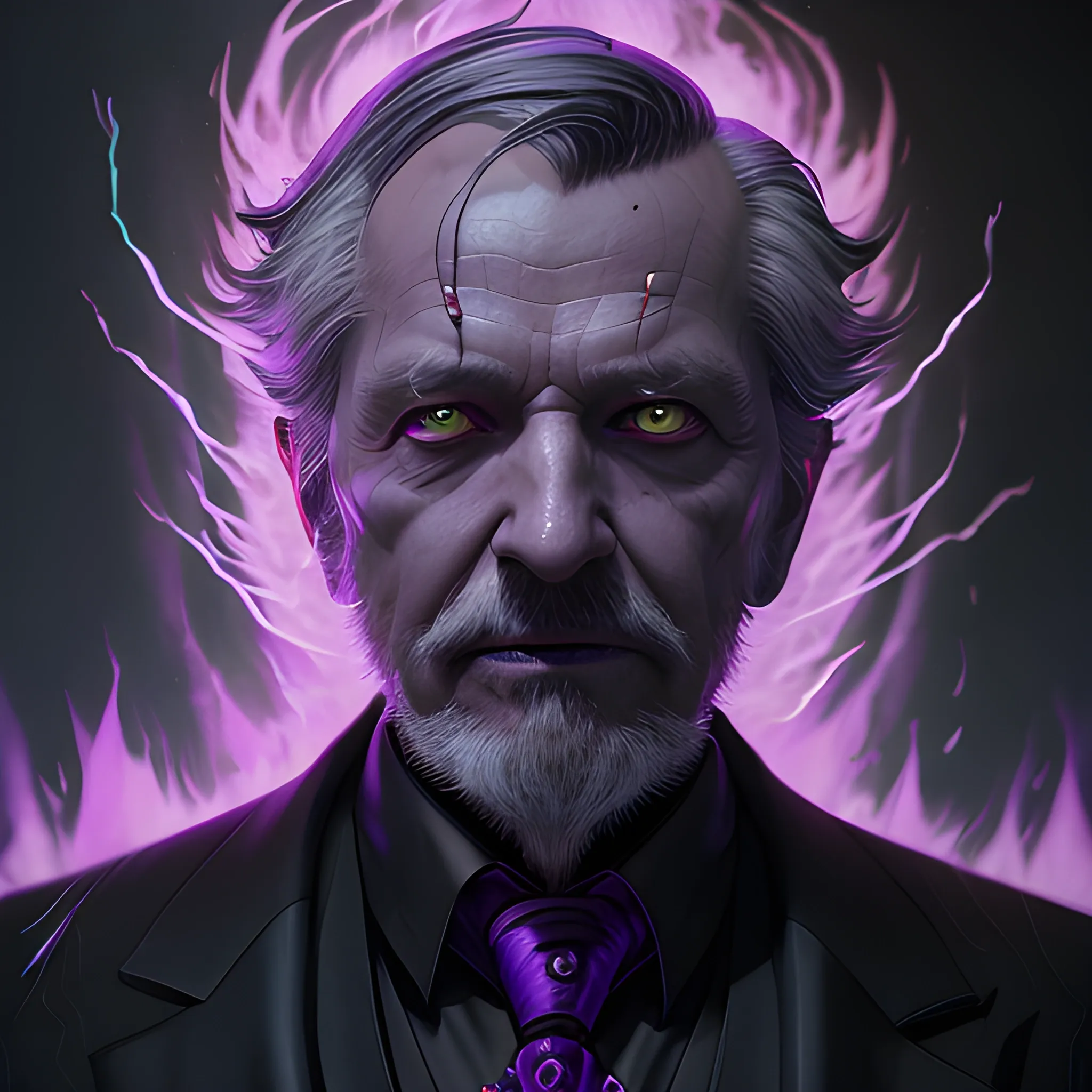 a fancy portrait of a old man in a black suit covered in purple and black flames by Greg Rutkowski, Sung Choi, Mitchell Mohrhauser, Maciej Kuciara, Johnson Ting, Maxim Verehin, Peter Konig, final fantasy , mythical, 8k photorealistic, cinematic lighting, HD, high details, atmospheric,