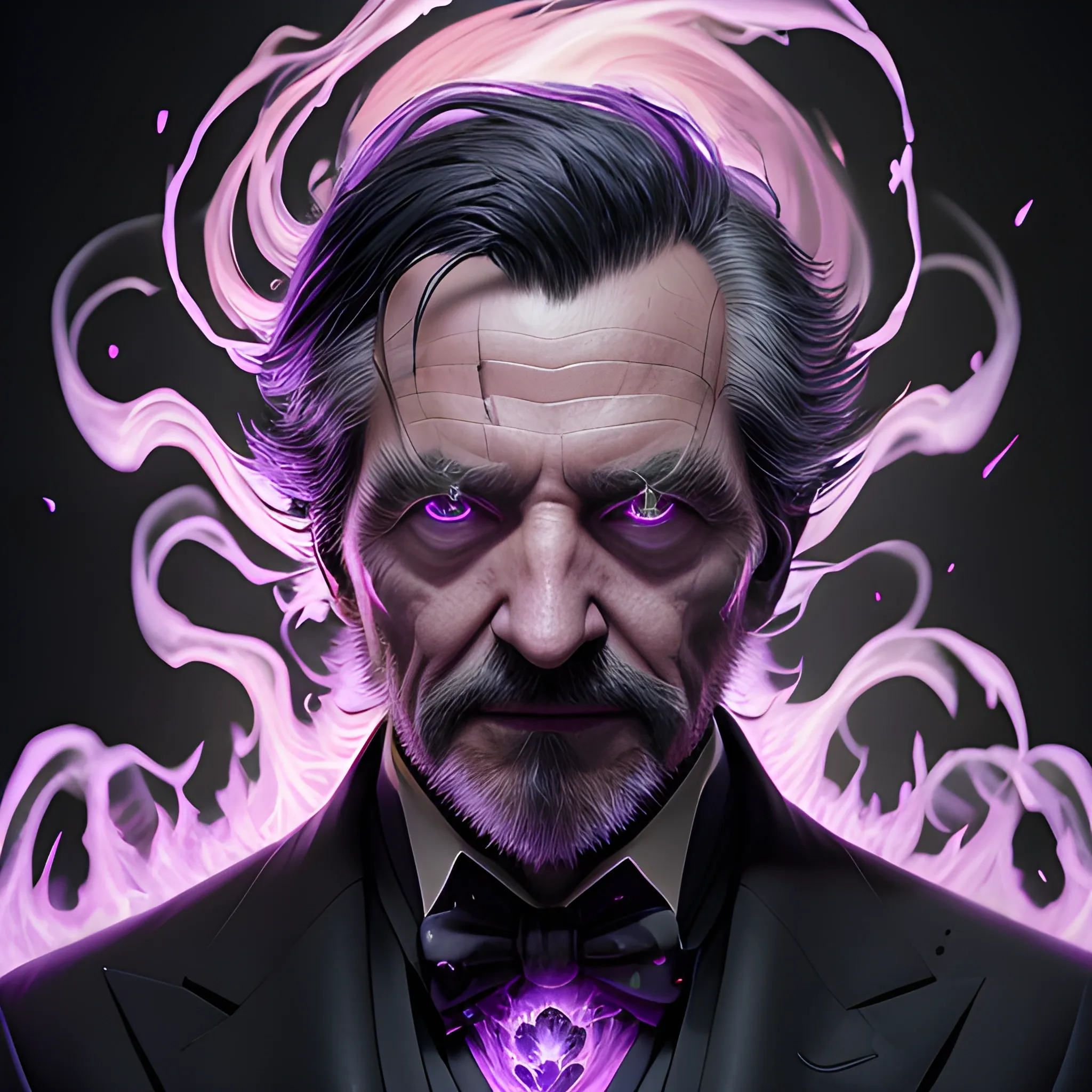 a fancy portrait of a old man in a black suit covered in purple and black flames by Greg Rutkowski, Sung Choi, Mitchell Mohrhauser, Maciej Kuciara, Johnson Ting, Maxim Verehin, Peter Konig, final fantasy , mythical, 8k photorealistic, cinematic lighting, HD, high details, atmospheric,