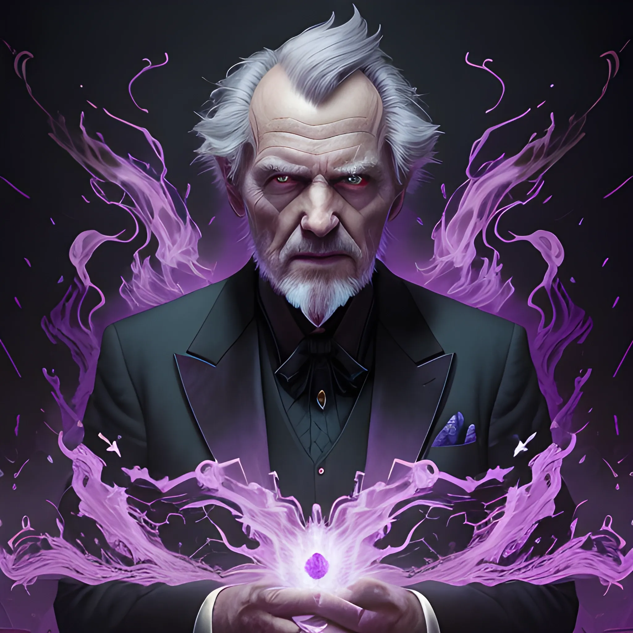 a fancy portrait of a old man in a black suit covered in purple and black flames by Greg Rutkowski, Sung Choi, Mitchell Mohrhauser, Maciej Kuciara, Johnson Ting, Maxim Verehin, Peter Konig, final fantasy , mythical, 8k photorealistic, cinematic lighting, HD, high details, atmospheric,