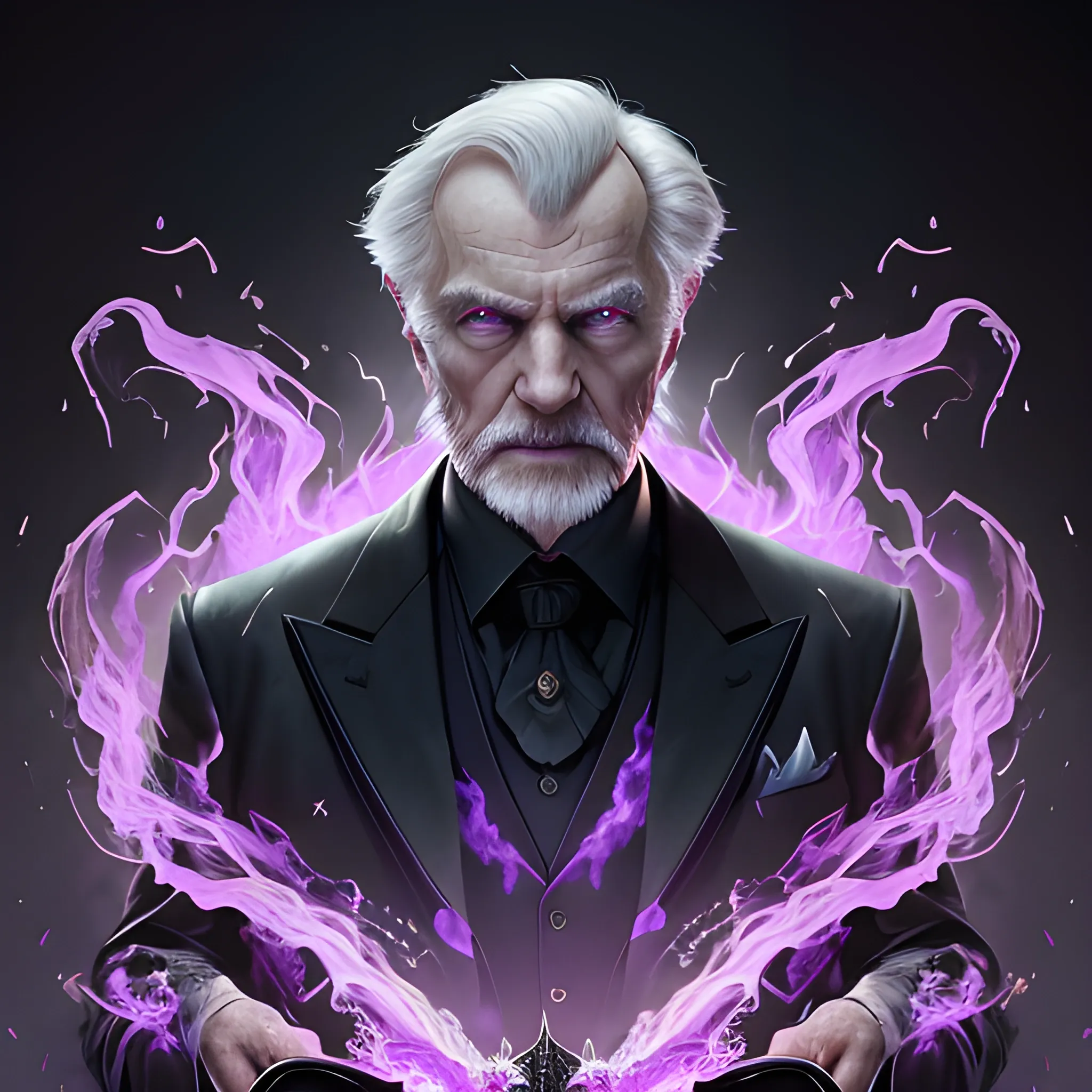 a fancy portrait of a old man in a black suit covered in purple and black flames by Greg Rutkowski, Sung Choi, Mitchell Mohrhauser, Maciej Kuciara, Johnson Ting, Maxim Verehin, Peter Konig, final fantasy , mythical, 8k photorealistic, cinematic lighting, HD, high details, atmospheric,