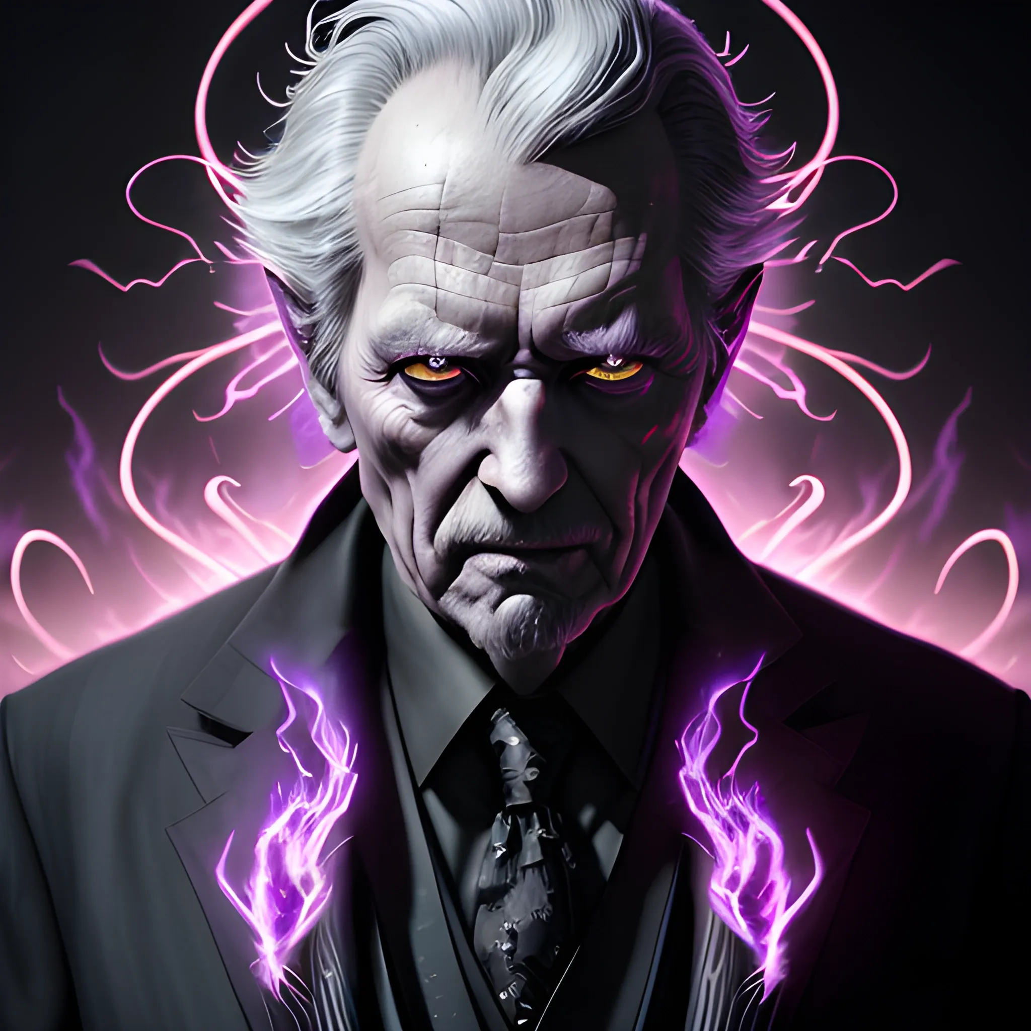 a fancy portrait of a old man in a black suit covered in purple and black flames by Greg Rutkowski, Sung Choi, Mitchell Mohrhauser, Maciej Kuciara, Johnson Ting, Maxim Verehin, Peter Konig, final fantasy , mythical, 8k photorealistic, cinematic lighting, HD, high details, atmospheric,