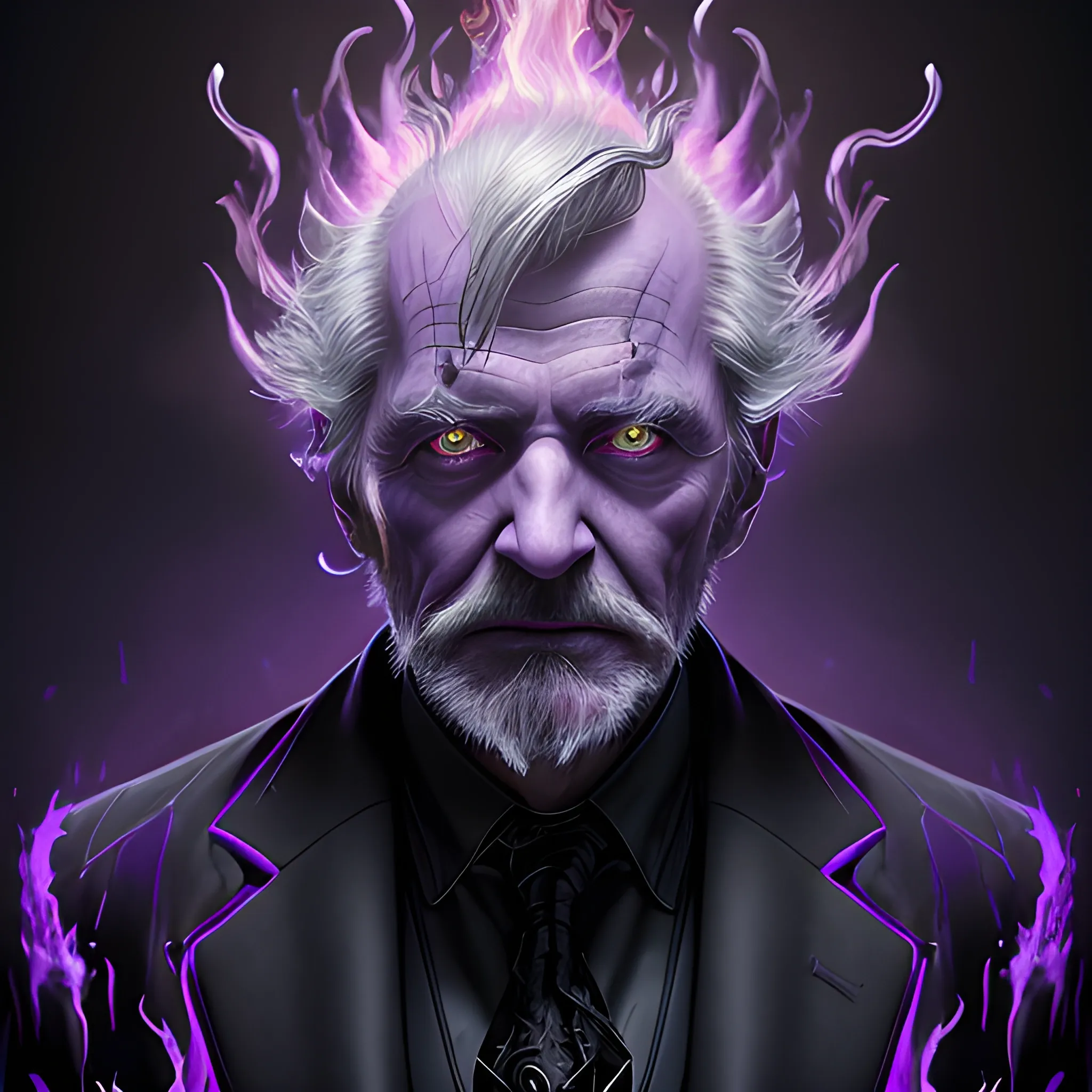 a fancy portrait of a old man in a black suit covered in purple and black flames by Greg Rutkowski, Sung Choi, Mitchell Mohrhauser, Maciej Kuciara, Johnson Ting, Maxim Verehin, Peter Konig, final fantasy , mythical, 8k photorealistic, cinematic lighting, HD, high details, atmospheric,