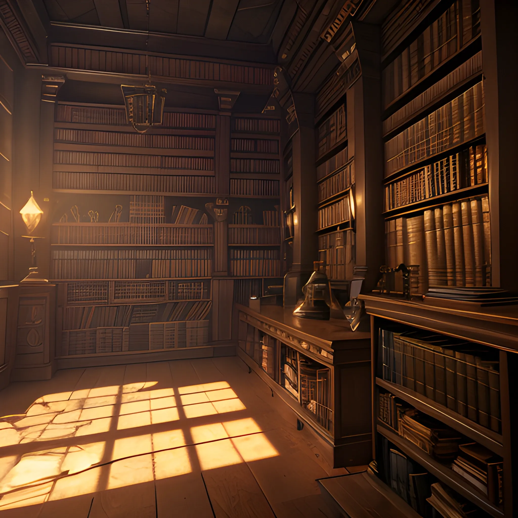  interior of a wizard's library set in a dark and moody lighting. Highly detailed, 8k wallpaper, HDR, unreal engine 5, 4k, 8k, ray tracing, bloom, lens flare