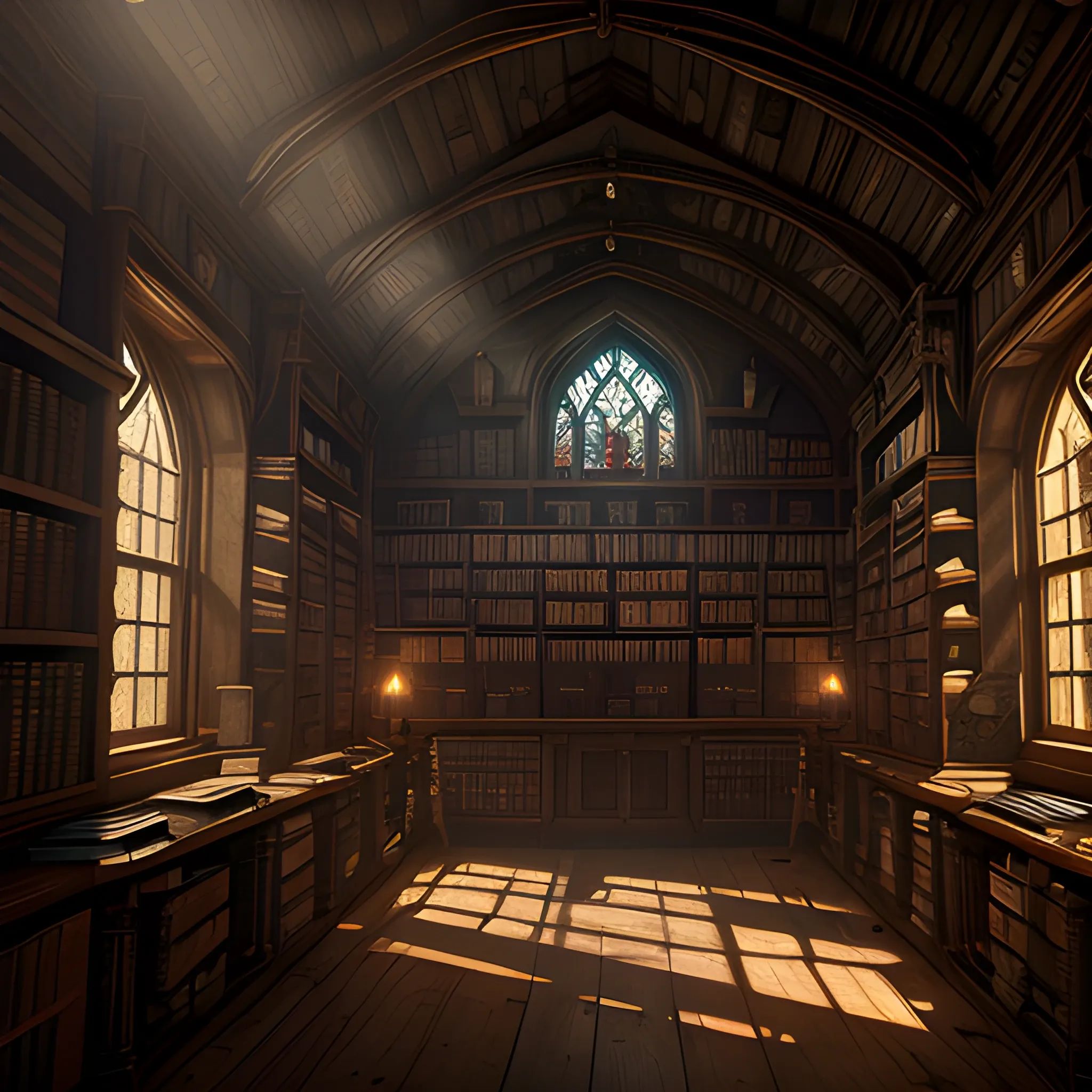  interior of a wizard's library set in a dark and moody lighting. Large windows, Highly detailed, 8k wallpaper, HDR, unreal engine 5, 4k, 8k, ray tracing, bloom, lens flare