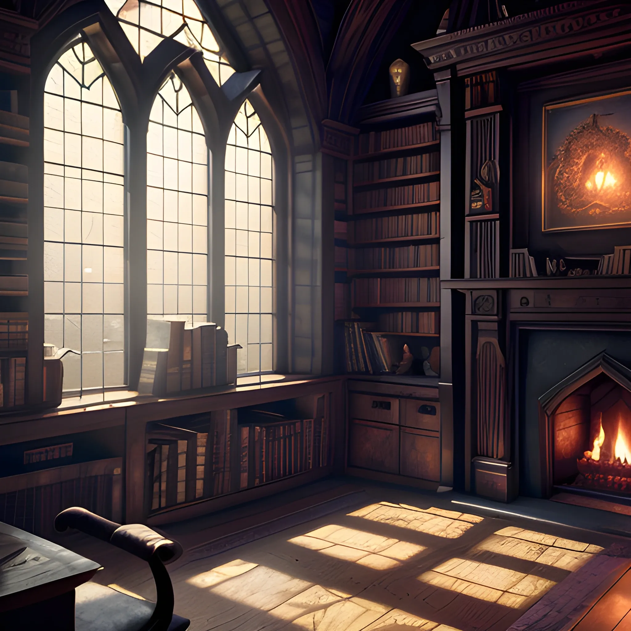  interior of a wizard's library set in a dark and moody lighting. Large windows and fireplace, Highly detailed, 8k wallpaper, HDR, unreal engine 5, 4k, 8k, ray tracing, bloom, lens flare
