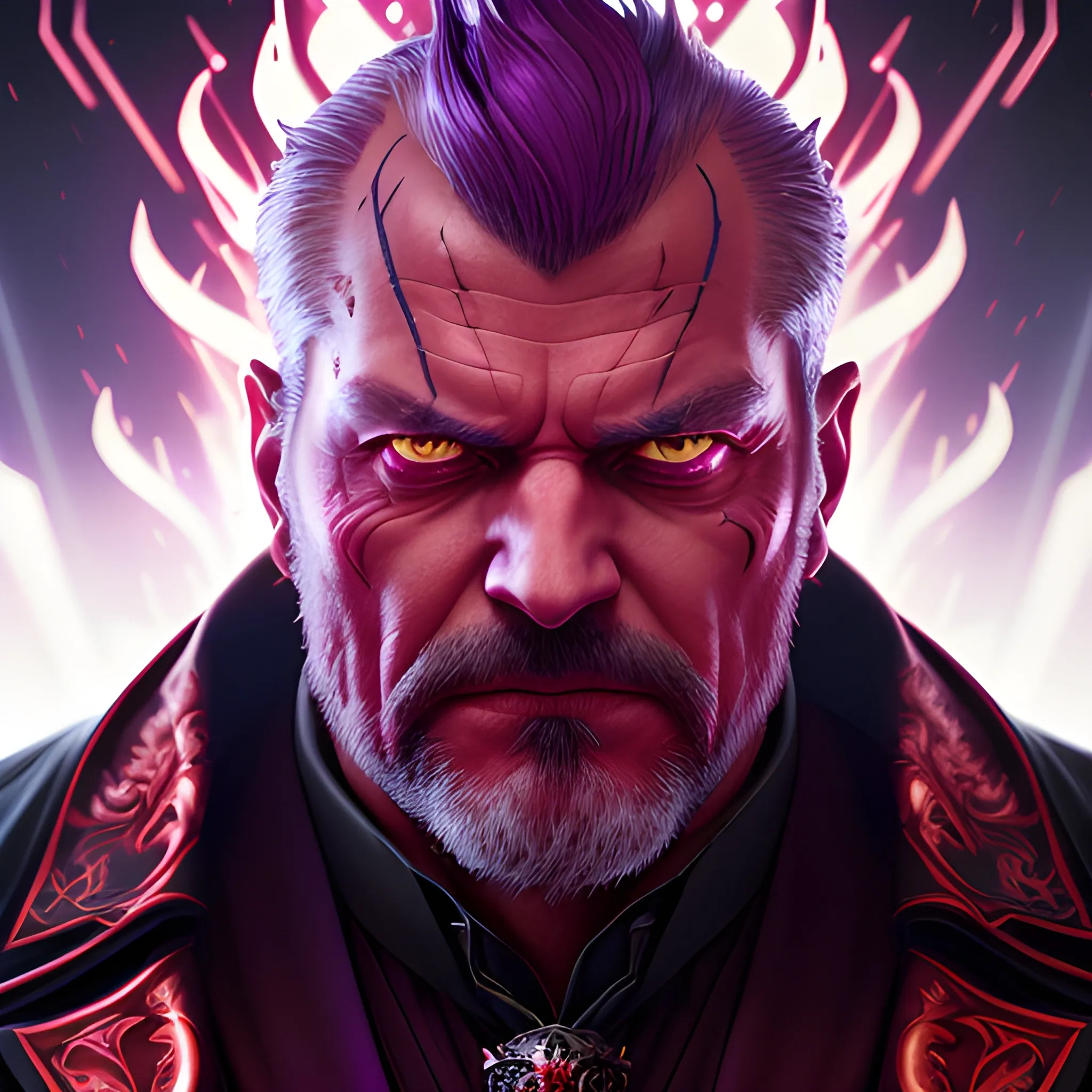 a fancy portrait of a middle-aged tall strong evil man in a dark red suit covered in purple and red flames by Greg Rutkowski, Sung Choi, Mitchell Mohrhauser, Maciej Kuciara, Johnson Ting, Maxim Verehin, Peter Konig, final fantasy , mythical, 8k photorealistic, cinematic lighting, HD, high details, atmospheric,