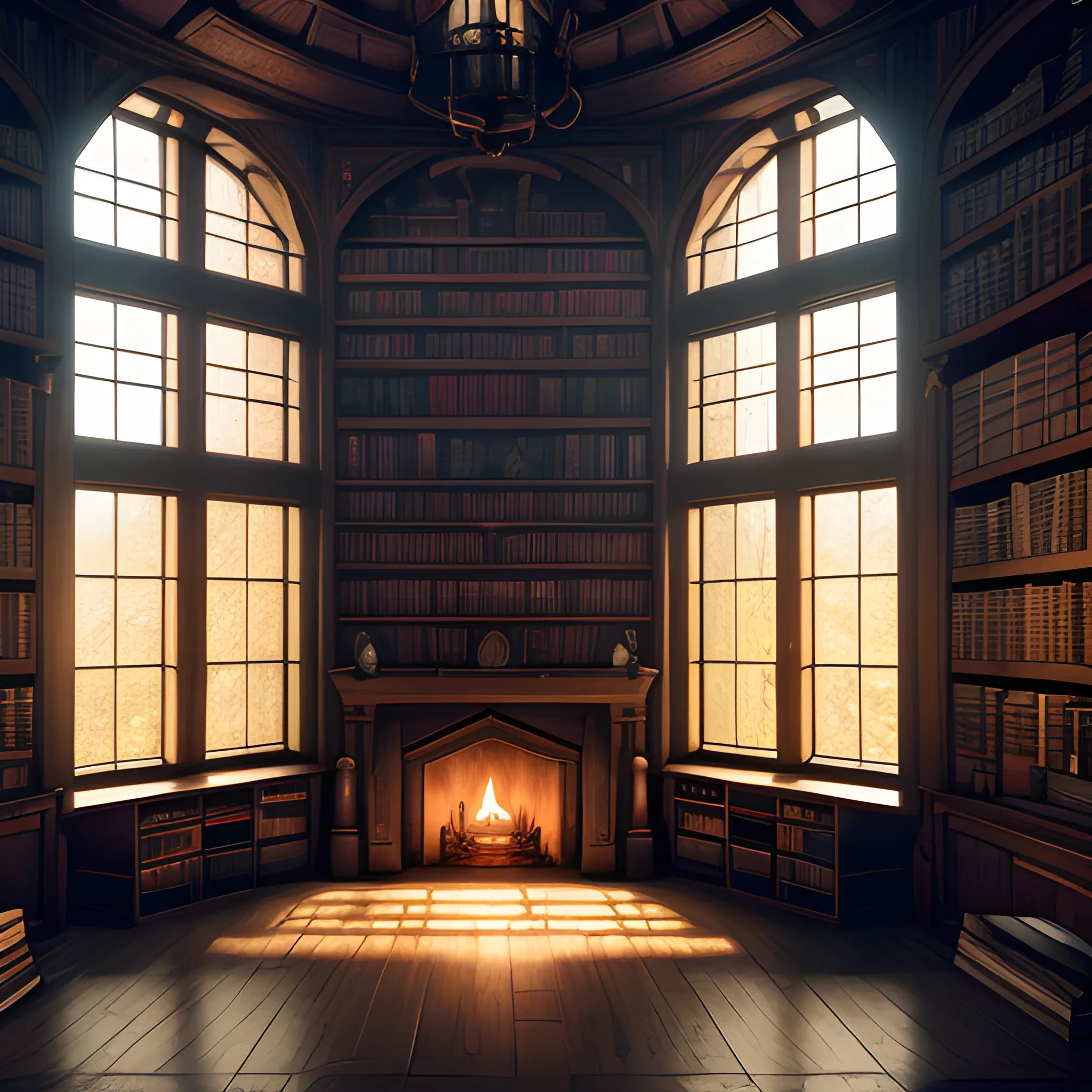  interior of a wizard's library set in a dark and moody lighting. Large windows and fireplace, Highly detailed, 8k wallpaper, HDR, unreal engine 5, 4k, 8k, ray tracing, bloom, lens flare