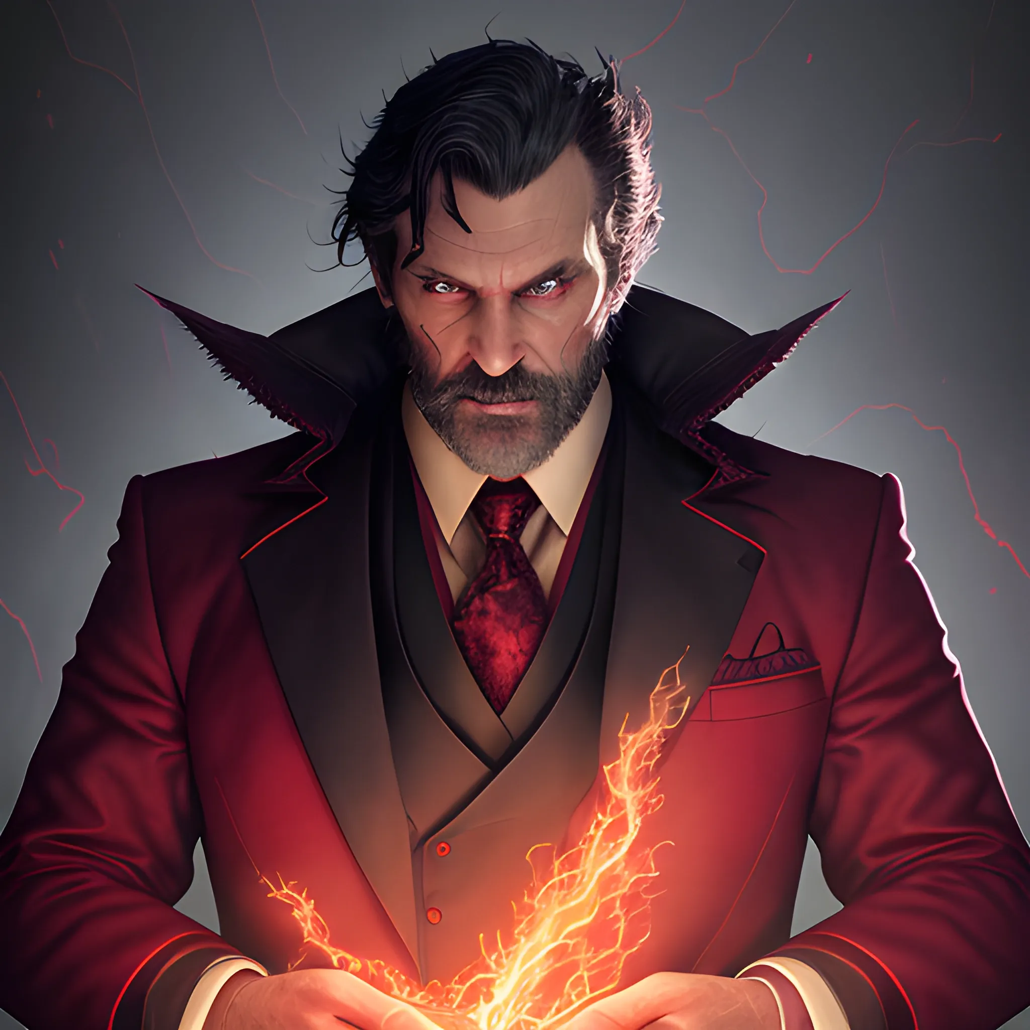 a fancy portrait of a middle-aged tall strong dark-haired evil man in a dark red suit covered in purple and red flames by Greg Rutkowski, Sung Choi, Mitchell Mohrhauser, Maciej Kuciara, Johnson Ting, Maxim Verehin, Peter Konig, final fantasy , mythical, 8k photorealistic, cinematic lighting, HD, high details, atmospheric,