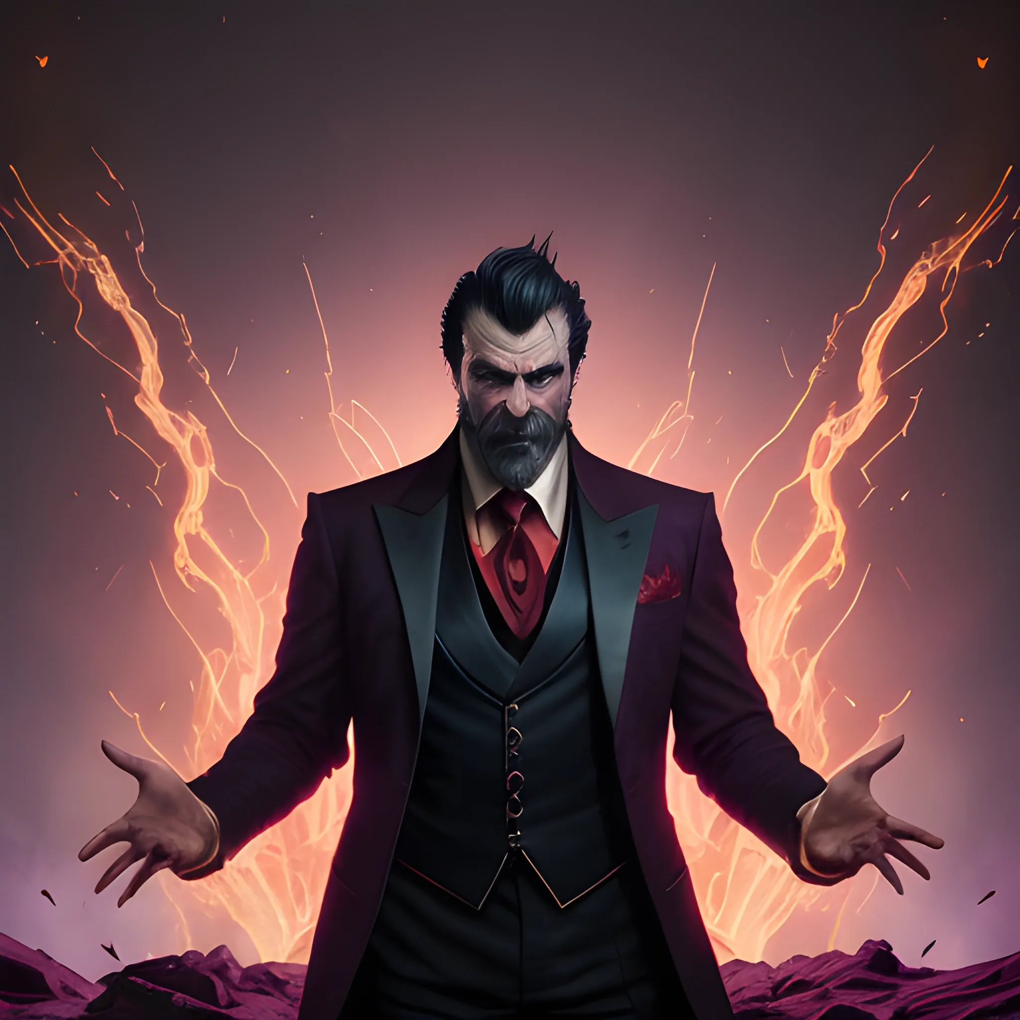 a fancy portrait of a middle-aged tall strong dark-haired evil man in a dark red suit covered in purple and red flames by Greg Rutkowski, Sung Choi, Mitchell Mohrhauser, Maciej Kuciara, Johnson Ting, Maxim Verehin, Peter Konig, final fantasy , mythical, 8k photorealistic, cinematic lighting, HD, high details, atmospheric,