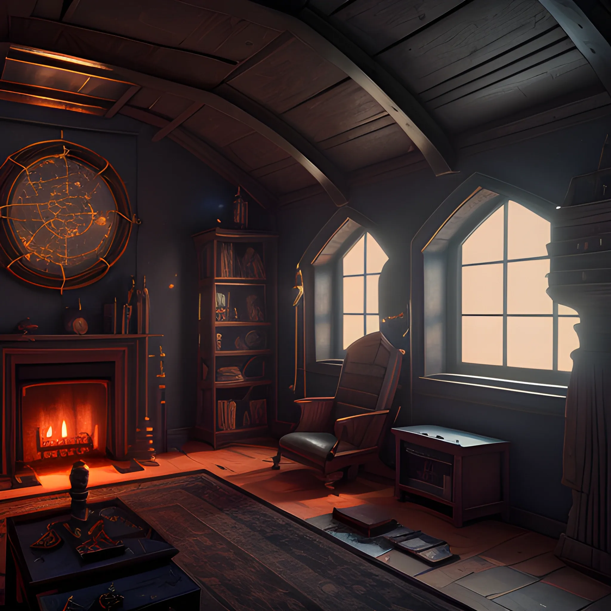 Interior of a wizard's astronomy tower set in a dark and moody lighting. Large windows and fireplace, Highly detailed, 8k wallpaper, HDR, unreal engine 5, 4k, 8k, ray tracing, bloom, lens flare