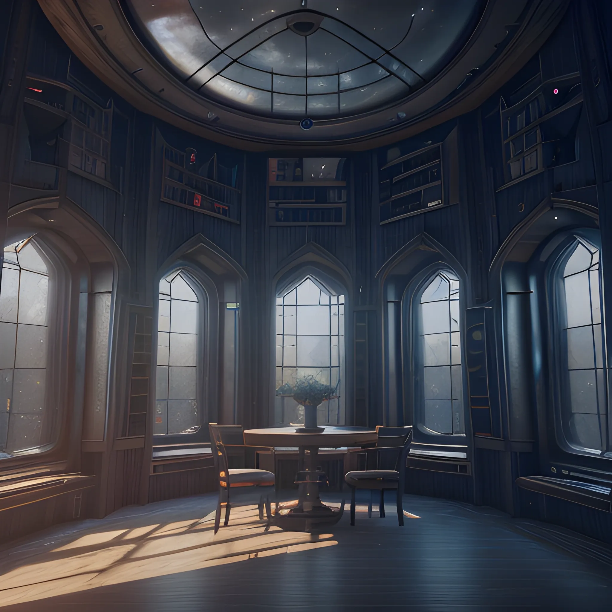 Interior of an astronomy tower set in a dark and moody lighting. Large windows, Highly detailed, 8k wallpaper, HDR, unreal engine 5, 4k, 8k, ray tracing, bloom, lens flare