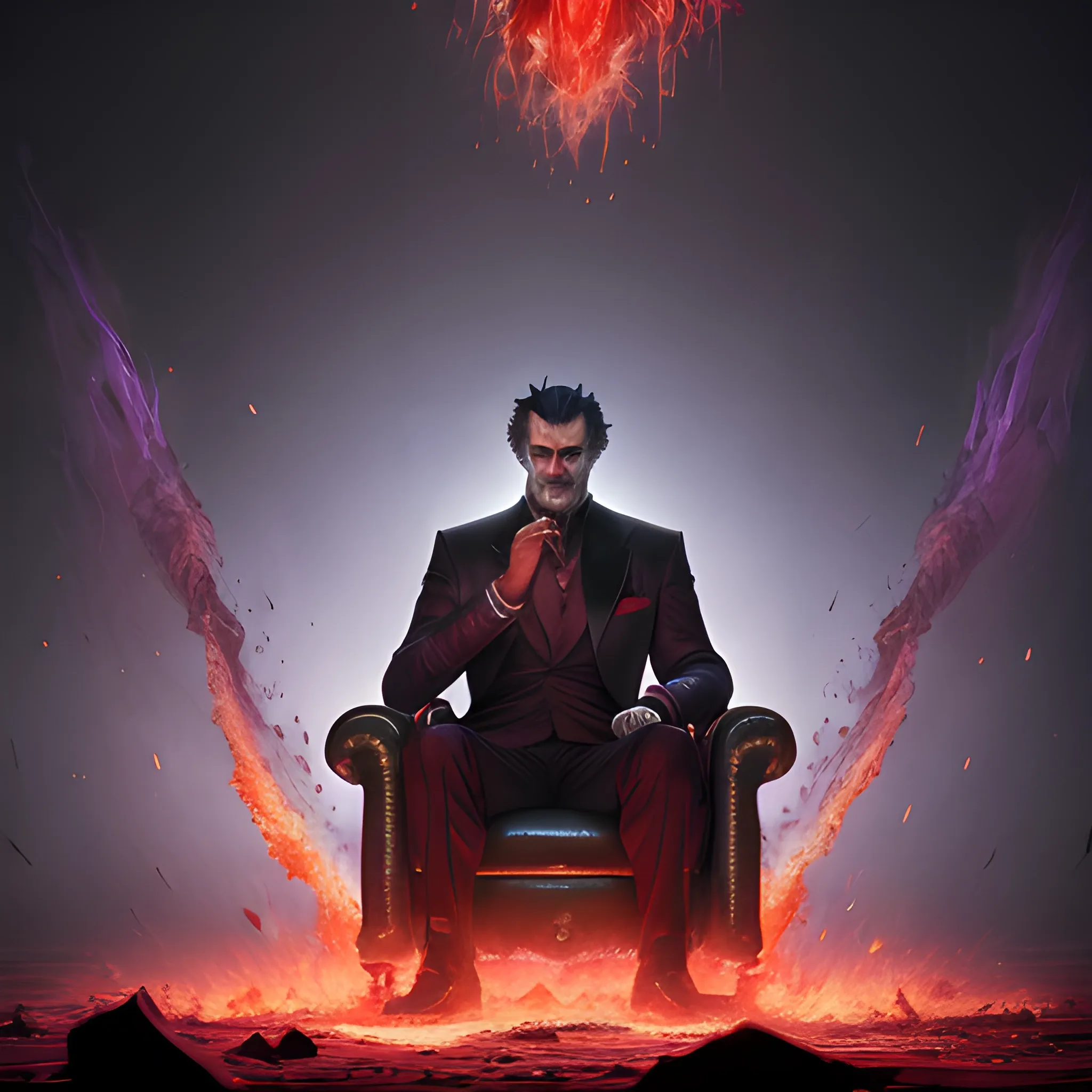 a fancy portrait of a middle-aged tall strong dark-haired evil man in a dark red suit covered in purple and red flames by Greg Rutkowski, Sung Choi, Mitchell Mohrhauser, Maciej Kuciara, Johnson Ting, Maxim Verehin, Peter Konig, final fantasy , mythical, 8k photorealistic, cinematic lighting, HD, high details, atmospheric,