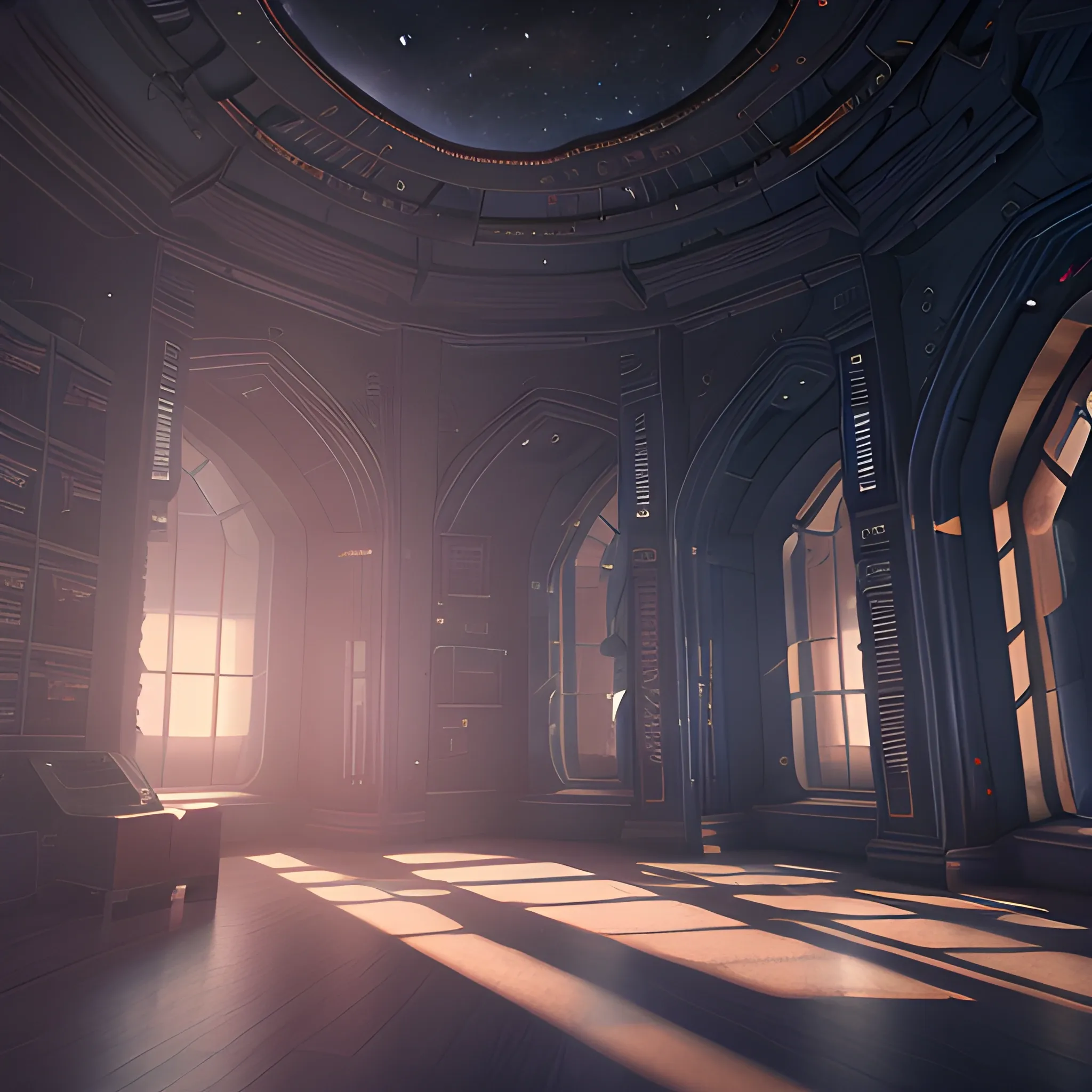 Interior of an astronomy tower set in a dark and moody lighting, Highly detailed, 8k wallpaper, HDR, unreal engine 5, 4k, 8k, ray tracing, bloom, lens flare