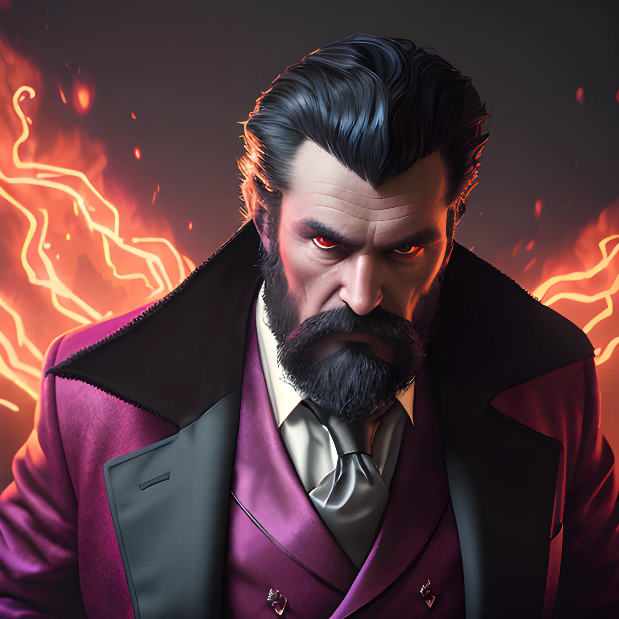 a fancy portrait of a middle-aged tall strong dark-haired evil man in a dark red suit covered in purple and red flames by Greg Rutkowski, Sung Choi, Mitchell Mohrhauser, Maciej Kuciara, Johnson Ting, Maxim Verehin, Peter Konig, final fantasy , mythical, 8k photorealistic, cinematic lighting, HD, high details, atmospheric,