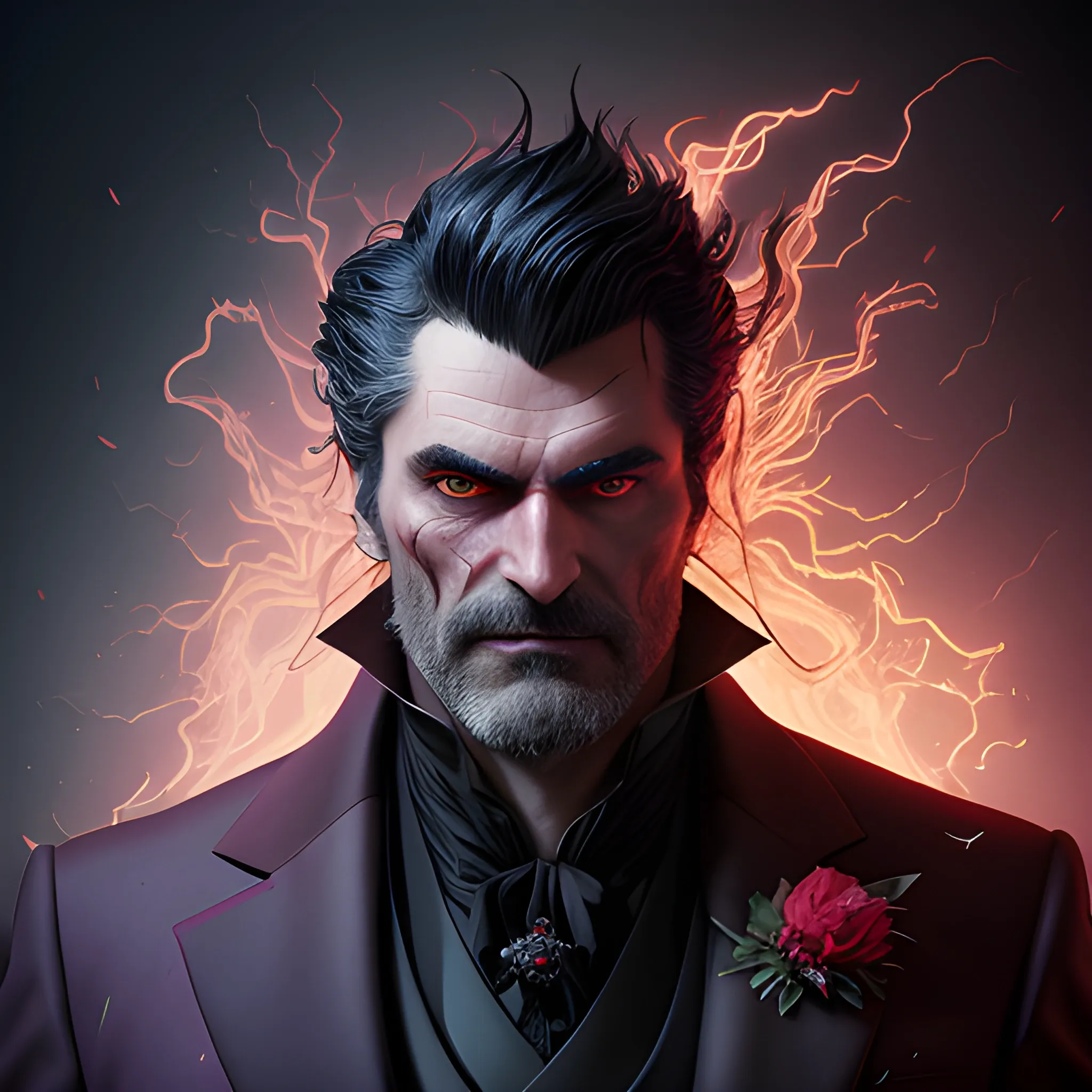 a fancy portrait of a middle-aged clean-shaven tall strong dark-haired evil man in a dark red suit covered in purple and red flames by Greg Rutkowski, Sung Choi, Mitchell Mohrhauser, Maciej Kuciara, Johnson Ting, Maxim Verehin, Peter Konig, final fantasy , mythical, 8k photorealistic, cinematic lighting, HD, high details, atmospheric,