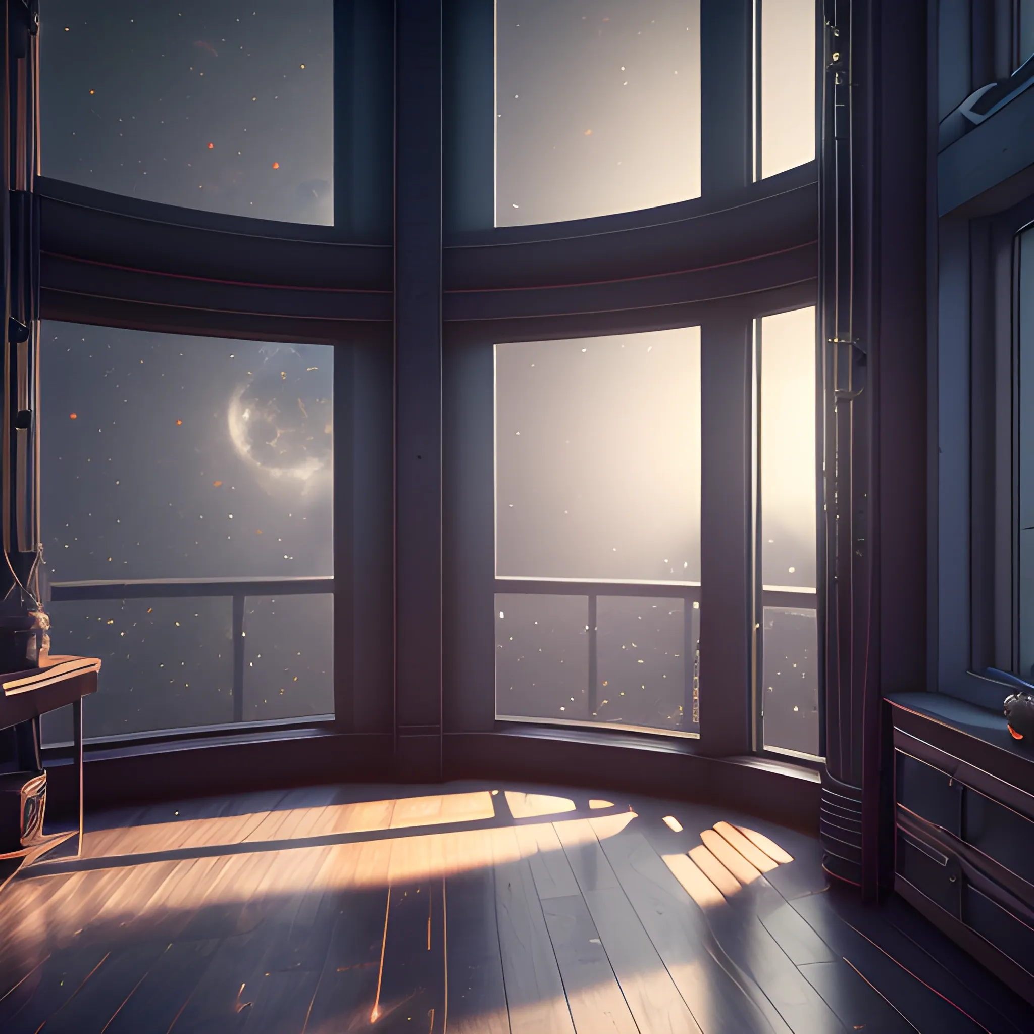 Interior of an astronomy tower set in a dark and moody lighting, open balcony, Highly detailed, 8k wallpaper, HDR, unreal engine 5, 4k, 8k, ray tracing, bloom, lens flare
