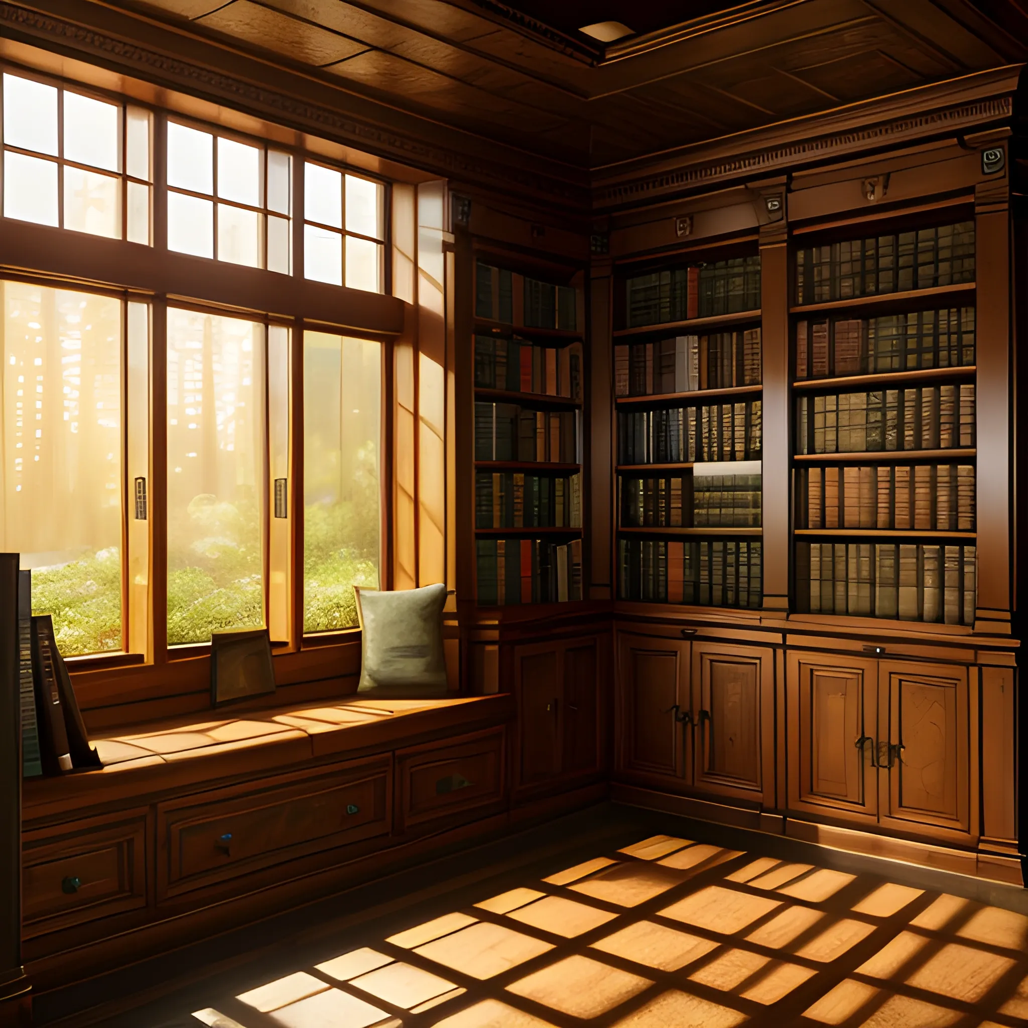 Interior of a nature infested library with large windows, small cubby holes for reading, Highly detailed, 8k wallpaper, HDR, unreal engine 5, 4k, 8k, ray tracing,