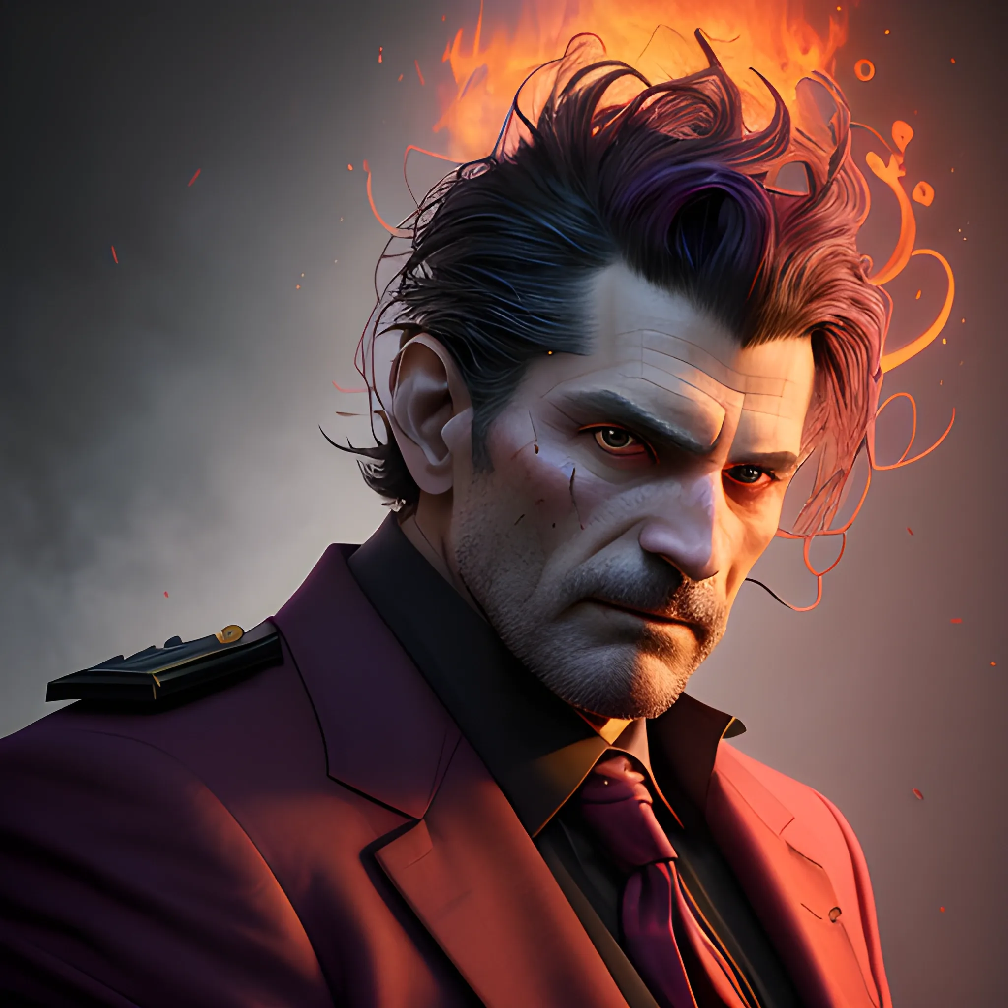 a fancy portrait of a middle-aged clean-shaven tall strong dark-haired evil man in a dark red suit covered in purple and red flames by Greg Rutkowski, Sung Choi, Mitchell Mohrhauser, Maciej Kuciara, Johnson Ting, Maxim Verehin, Peter Konig, final fantasy , mythical, 8k photorealistic, cinematic lighting, HD, high details, atmospheric,